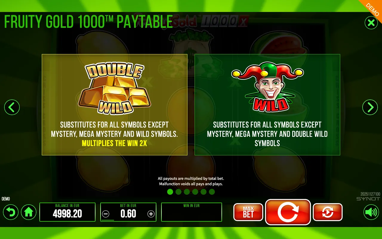 Fruity Gold 1000 paytable page 5 with symbol payouts