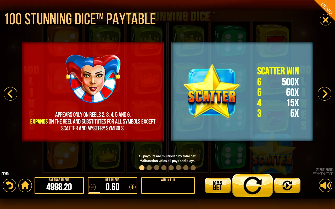 100 Stunning Dice paytable page 1 with symbol payouts