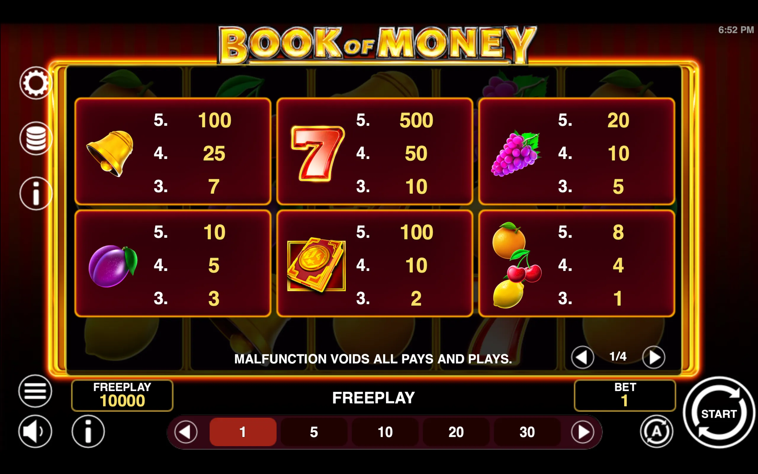 Book of Money paytable page 1 with symbol payouts