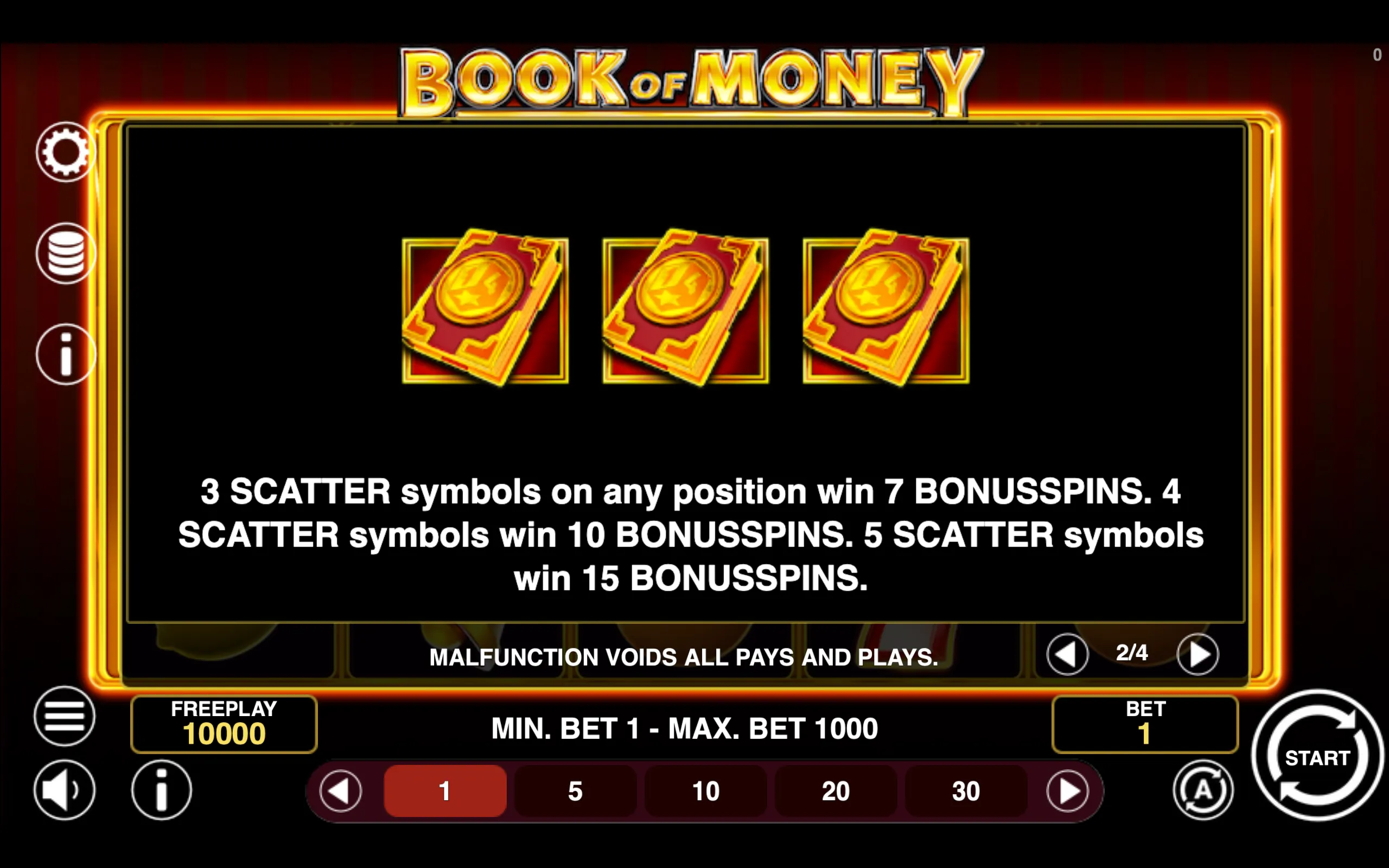 Book of Money paytable page 2 with symbol payouts