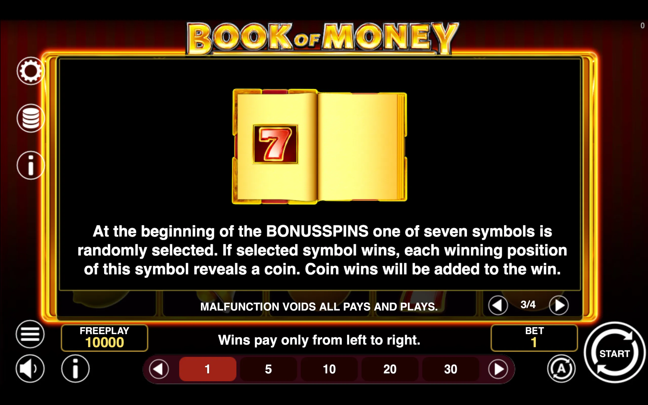 Book of Money paytable page 3 with symbol payouts
