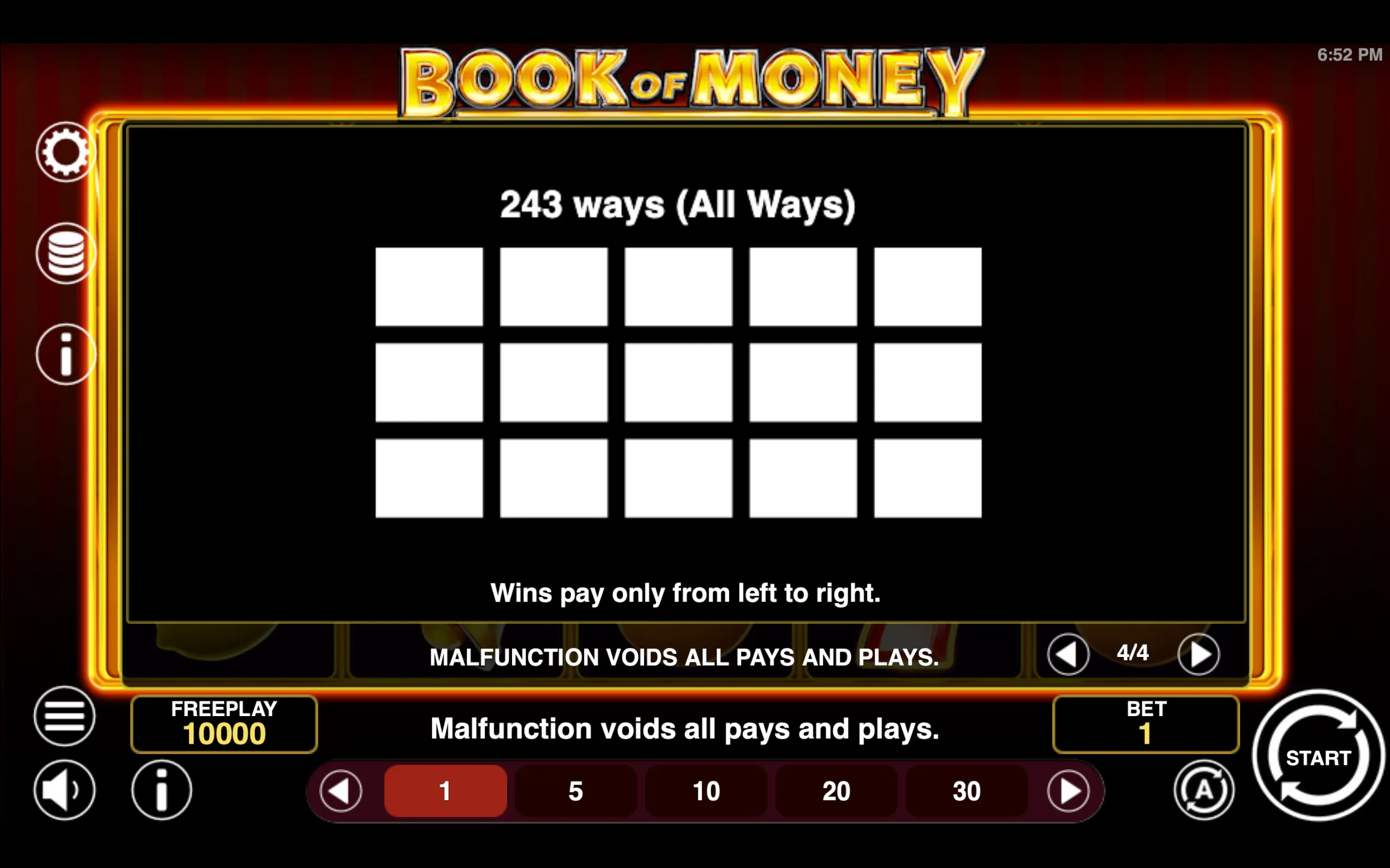 Book of Money paytable page 4 with symbol payouts