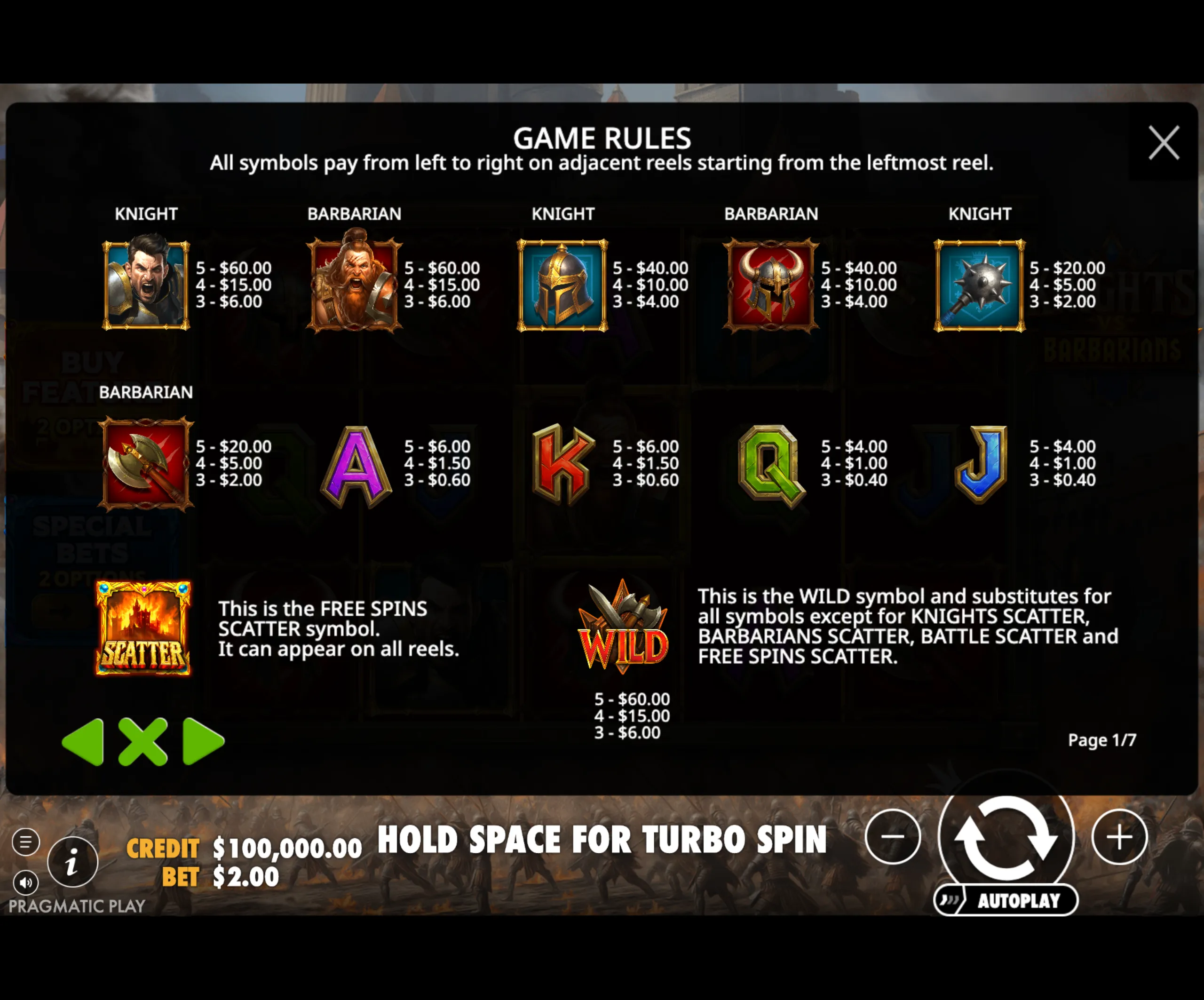 Slot game paytable showing knight and barbarian character symbols with their payout values, along with special scatter and wild symbols in a medieval battle theme.