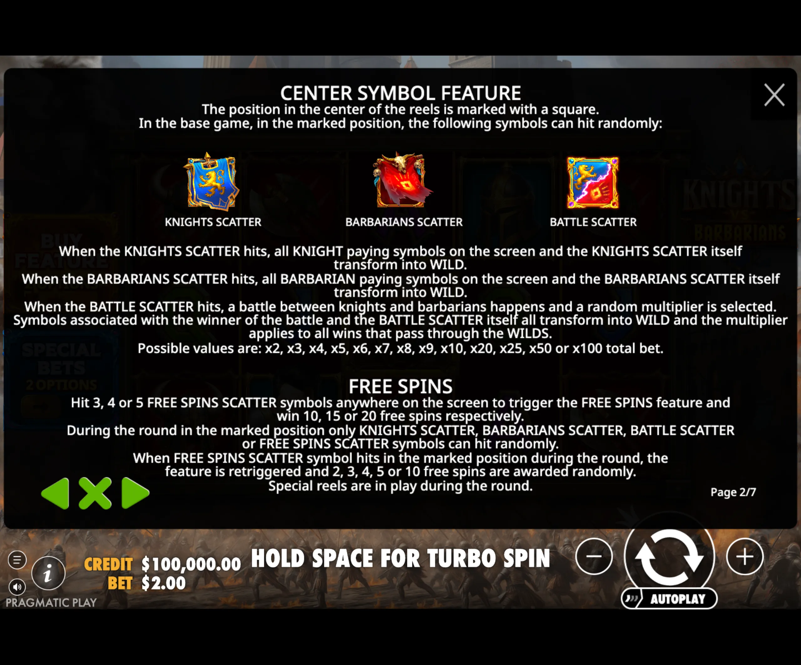 Knights vs Barbarians slot game center symbol feature explanation with knights, barbarians, and battle scatter symbols.