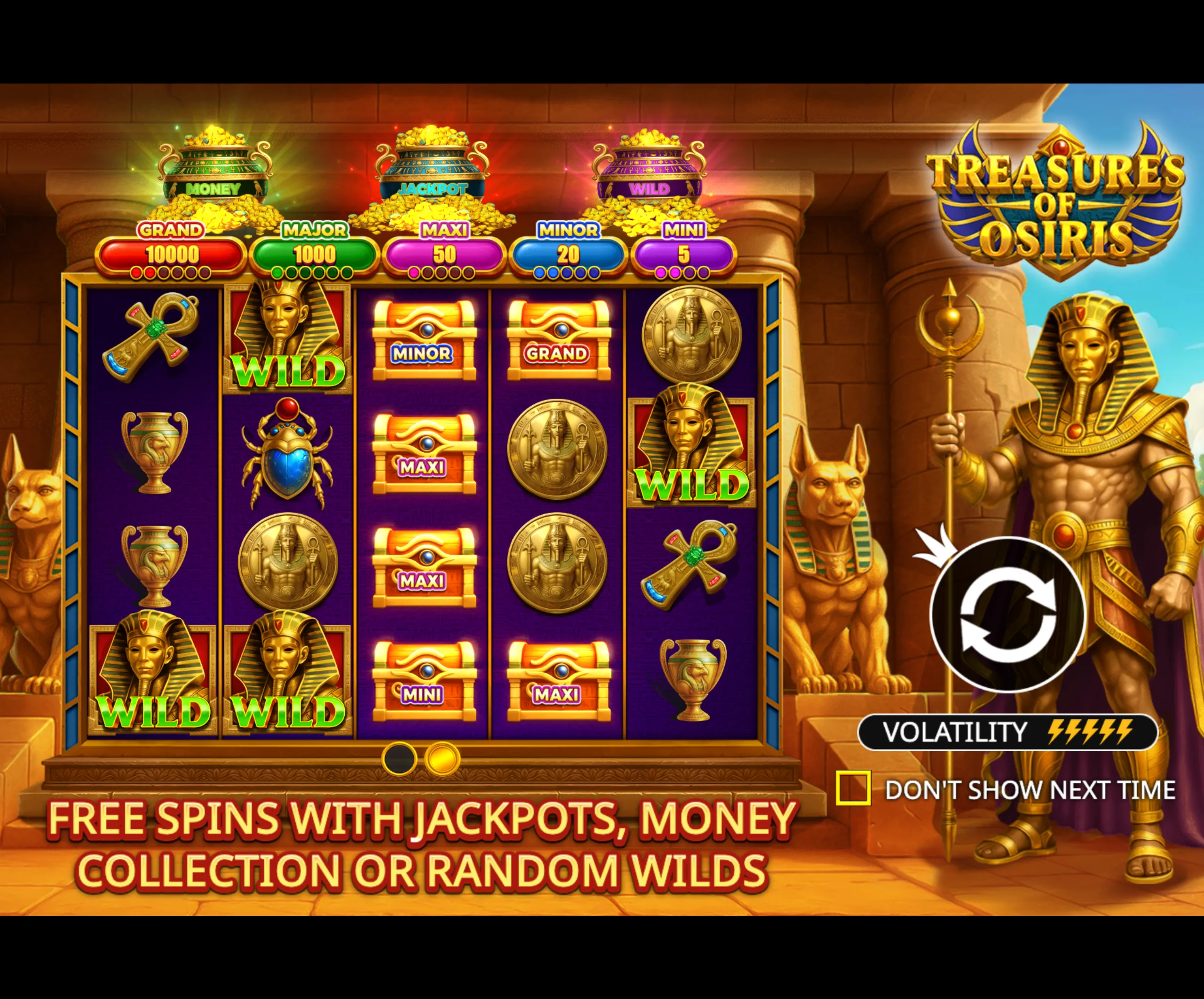 Slot game interface featuring Egyptian-themed symbols like pharaohs, scarabs, and ankh crosses, with highlighted jackpot tiers and wild symbols, set against a temple backdrop.