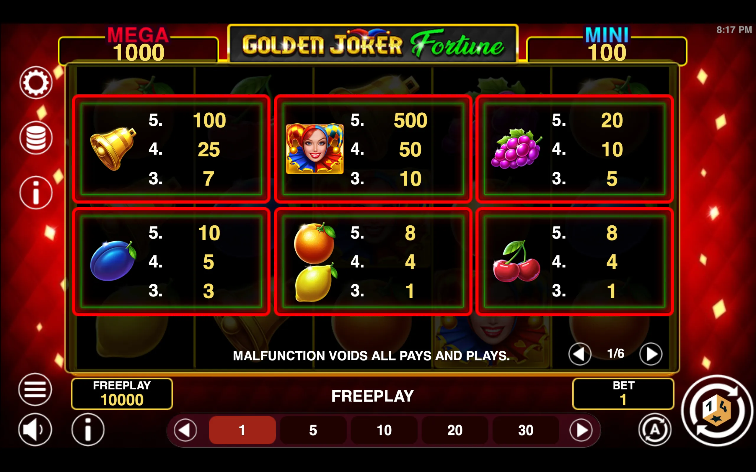Golden Joker Fortune paytable page 1 with symbol payouts