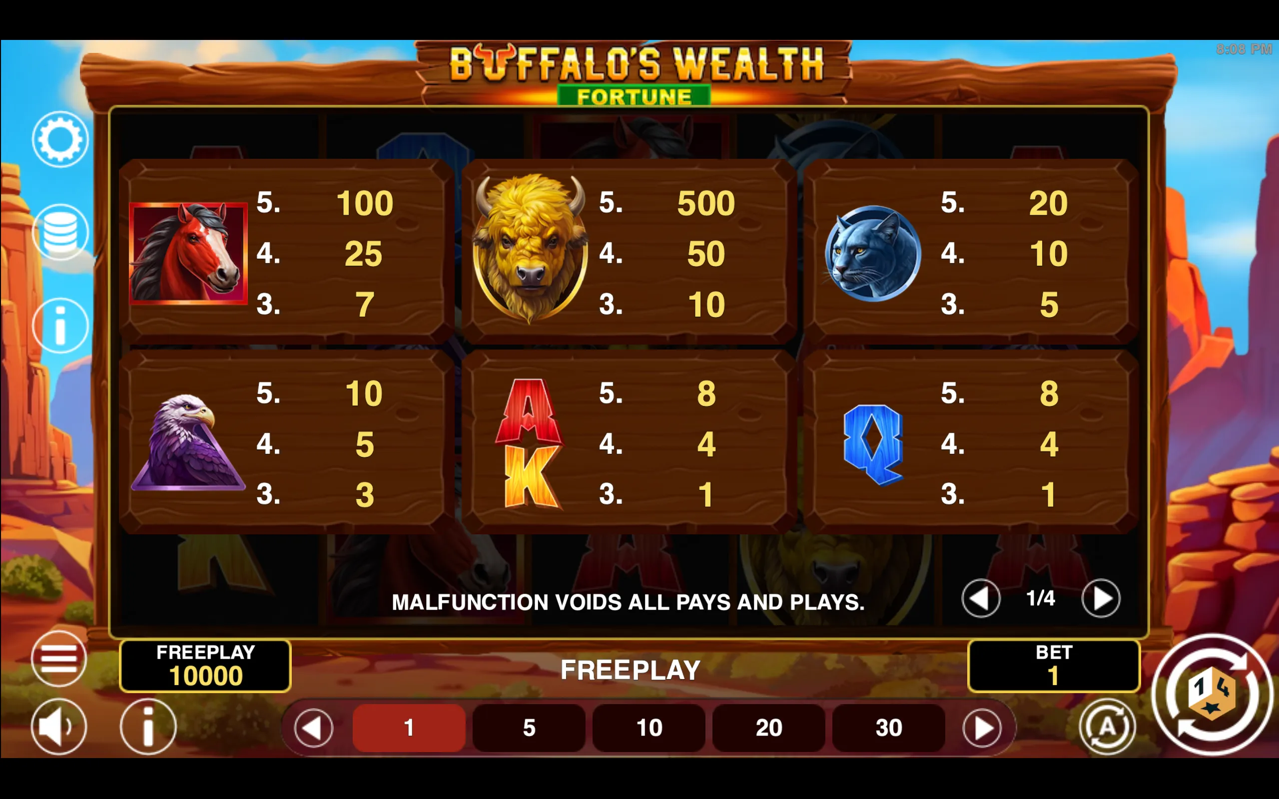 Buffalo's Wealth Fortune paytable page 1 with symbol payouts