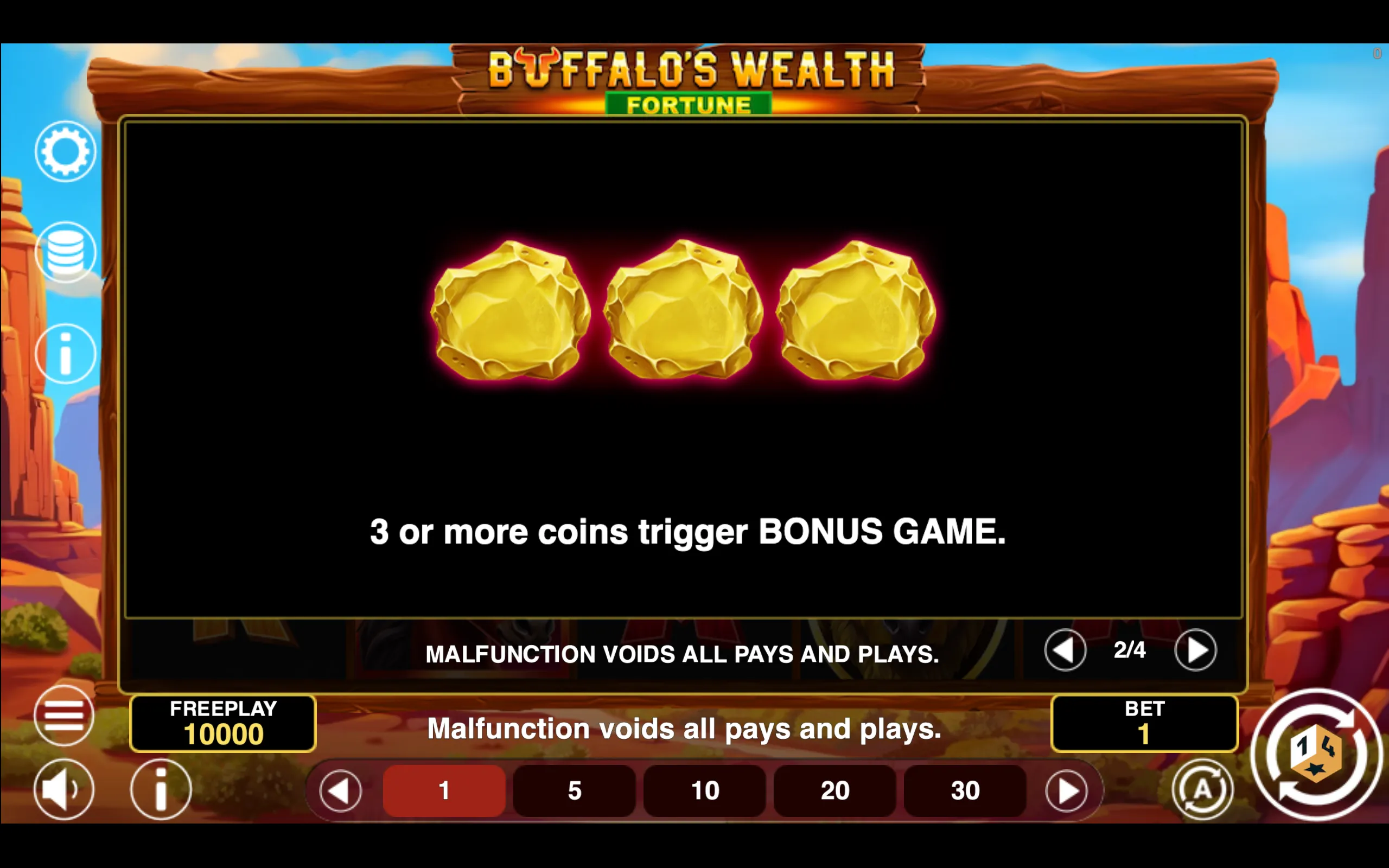 Buffalo's Wealth Fortune paytable page 2 with symbol payouts