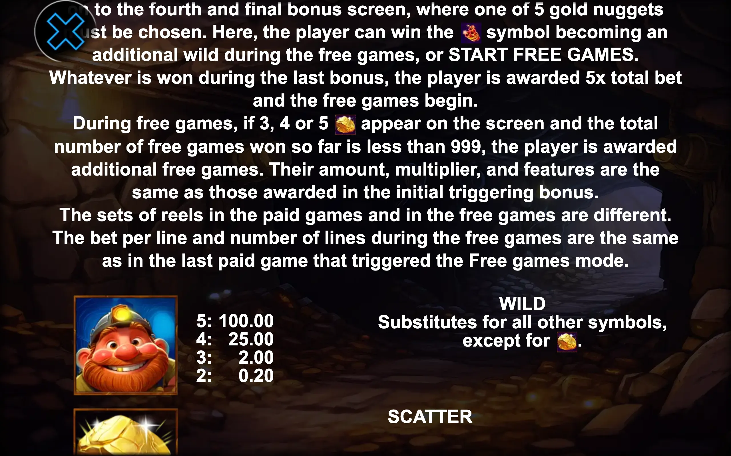 Happy Miner slot preview featuring a cheerful miner character and gold nuggets with bonus game details