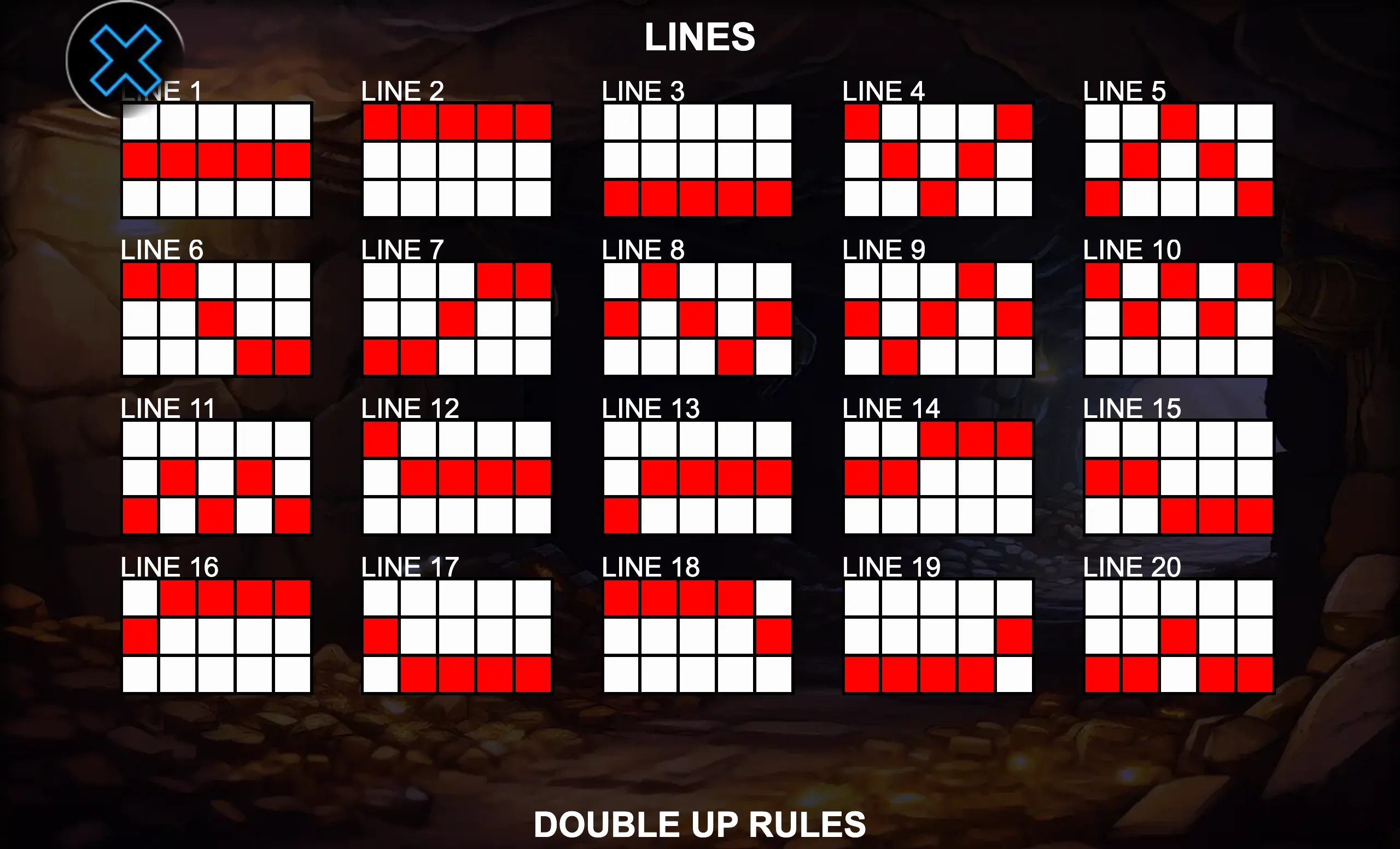 Winning paylines layout for the Happy Miner slot game displayed over a dark mining cave background