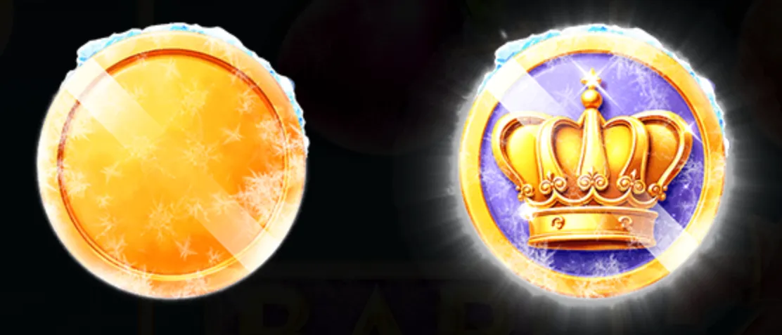 Two frosted coin symbols from the Coin Freeze slot game, one plain gold and one with a golden crown on a purple background.