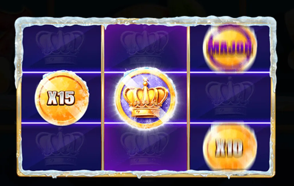 A 3x3 slot grid with icy edges featuring golden coins marked with multipliers and a crown symbol, emphasizing jackpot and multiplier features.