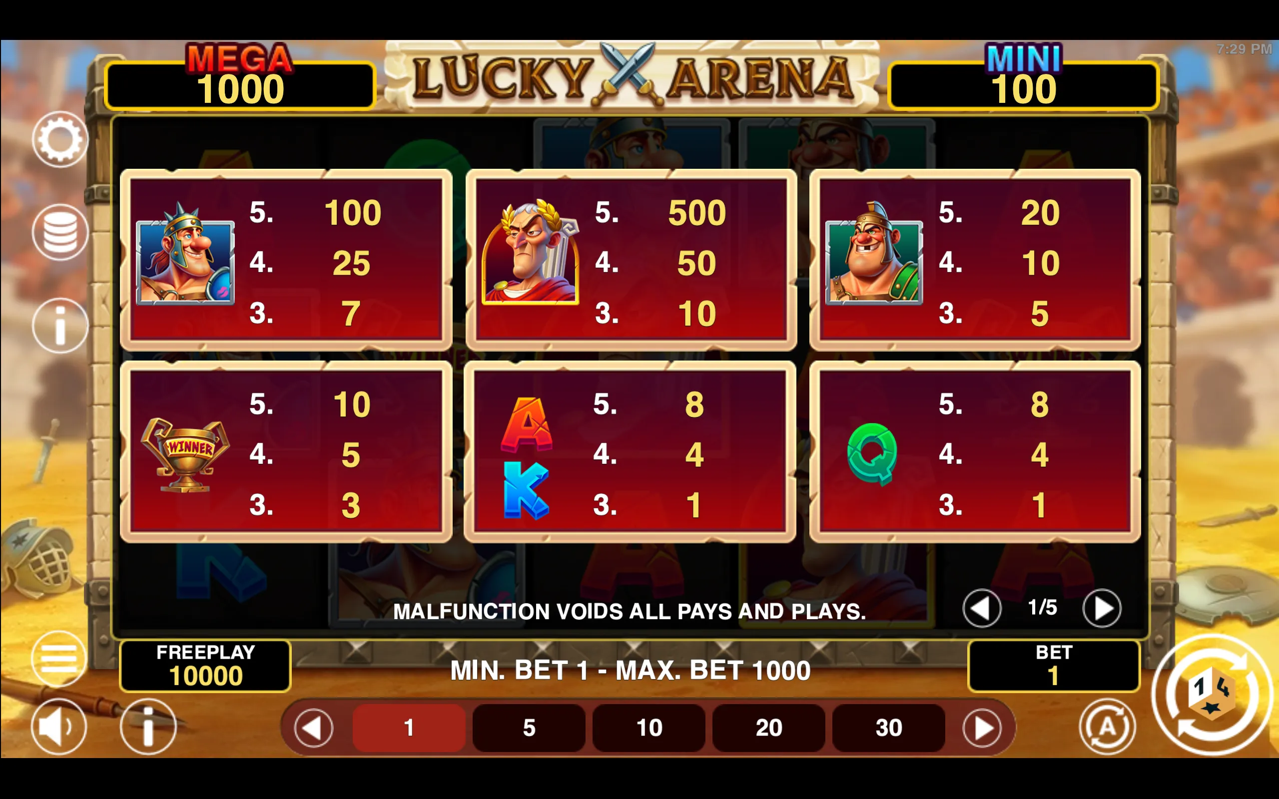 Lucky Arena Hold & Win paytable page 1 with symbol payouts