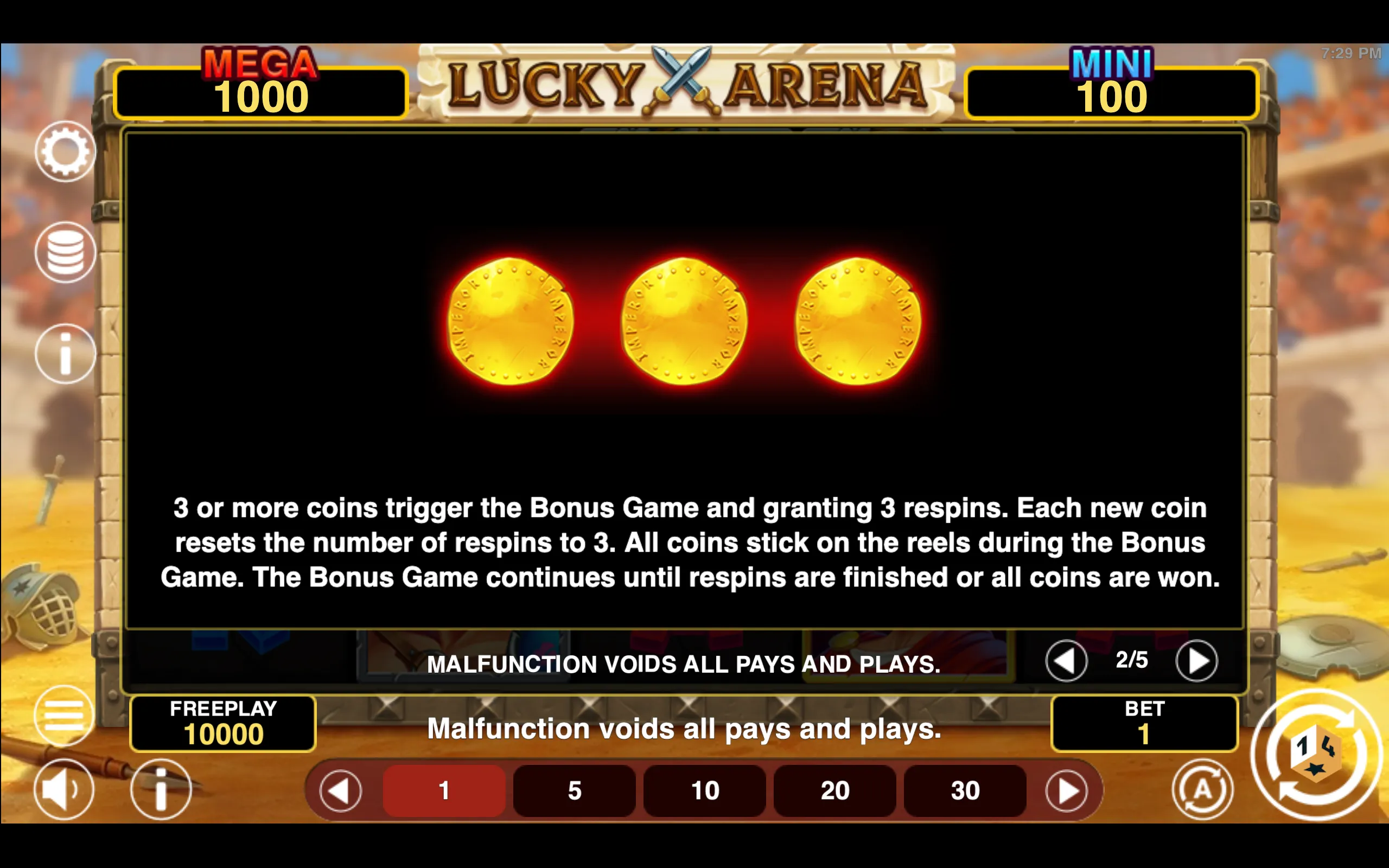 Lucky Arena Hold & Win paytable page 2 with symbol payouts