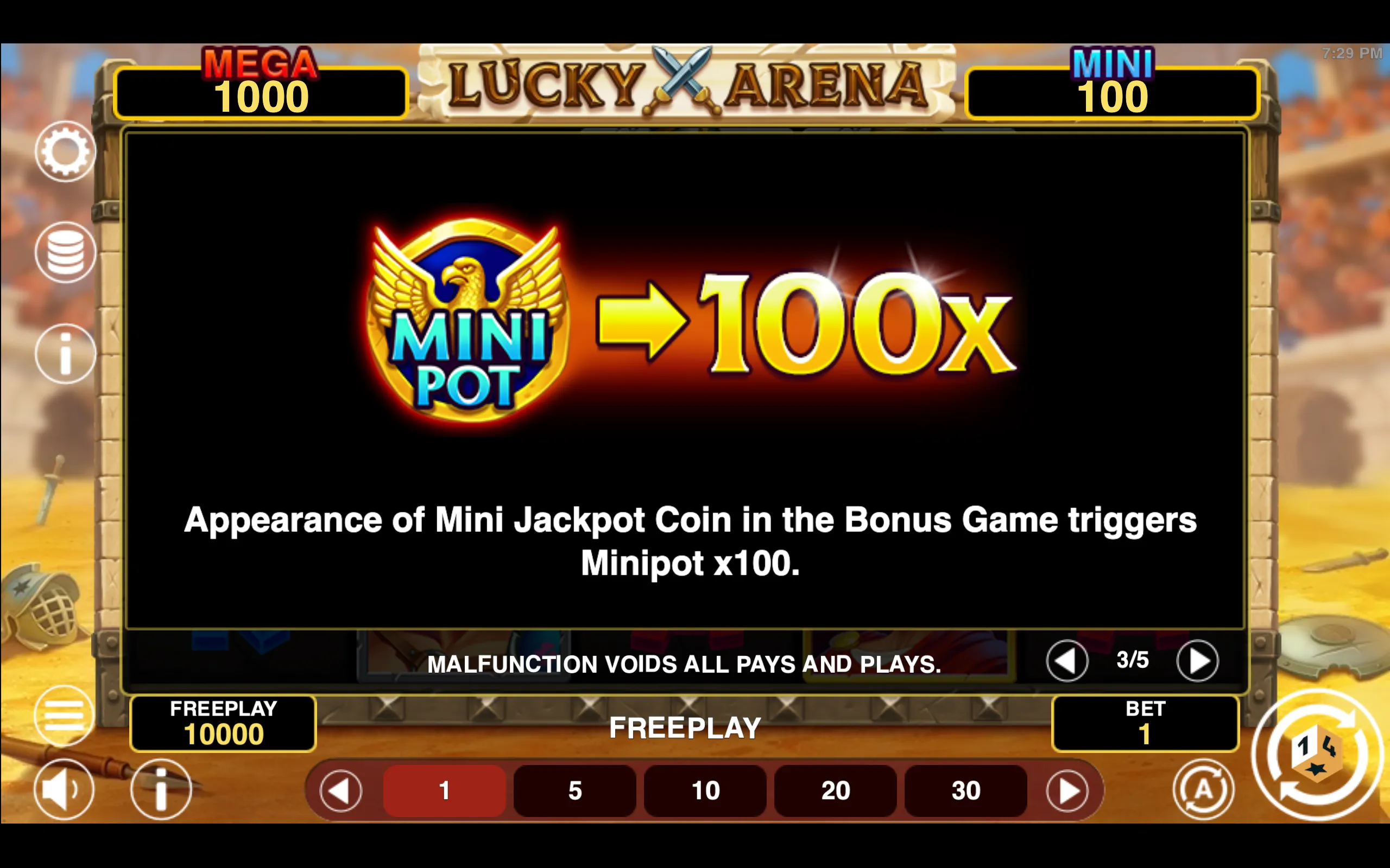 Lucky Arena Hold & Win paytable page 3 with symbol payouts