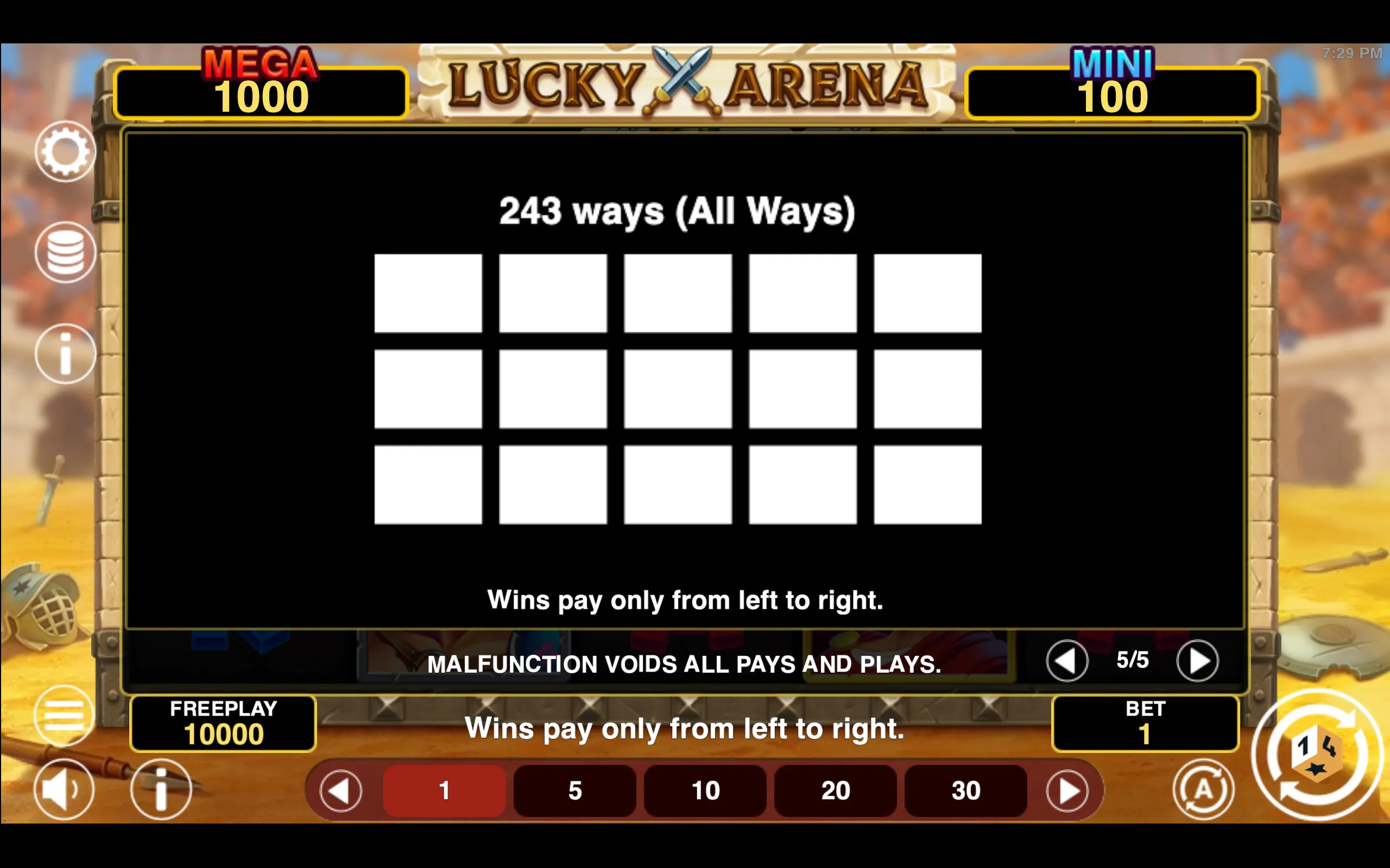 Lucky Arena Hold & Win paytable page 4 with symbol payouts