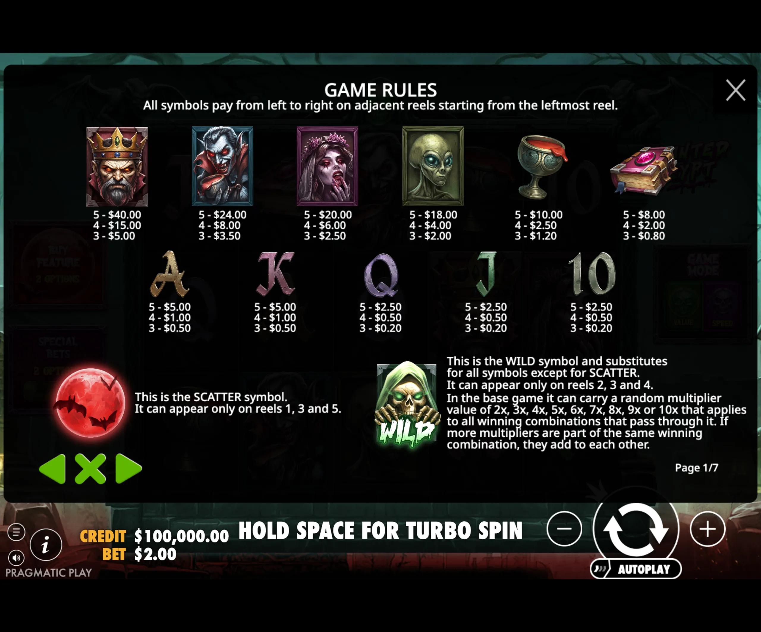 Game rules and payout values for Haunted Crypt slot featuring eerie symbols like a crowned undead king, vampire, zombie bride, alien, chalice with blood, and a mystical book.