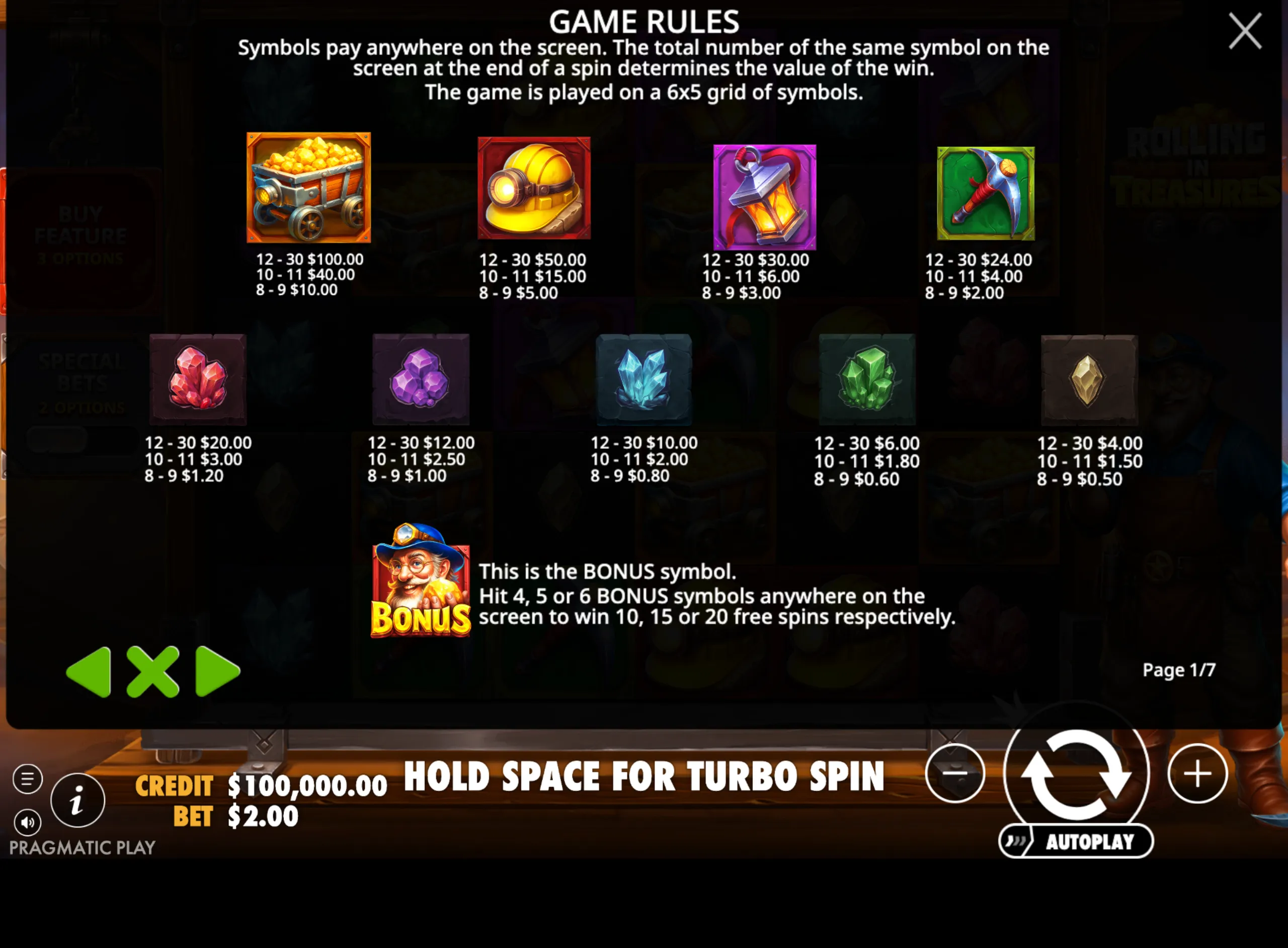 Slot game symbols featuring mining tools, gems, and a miner character with payout values on a dark background.