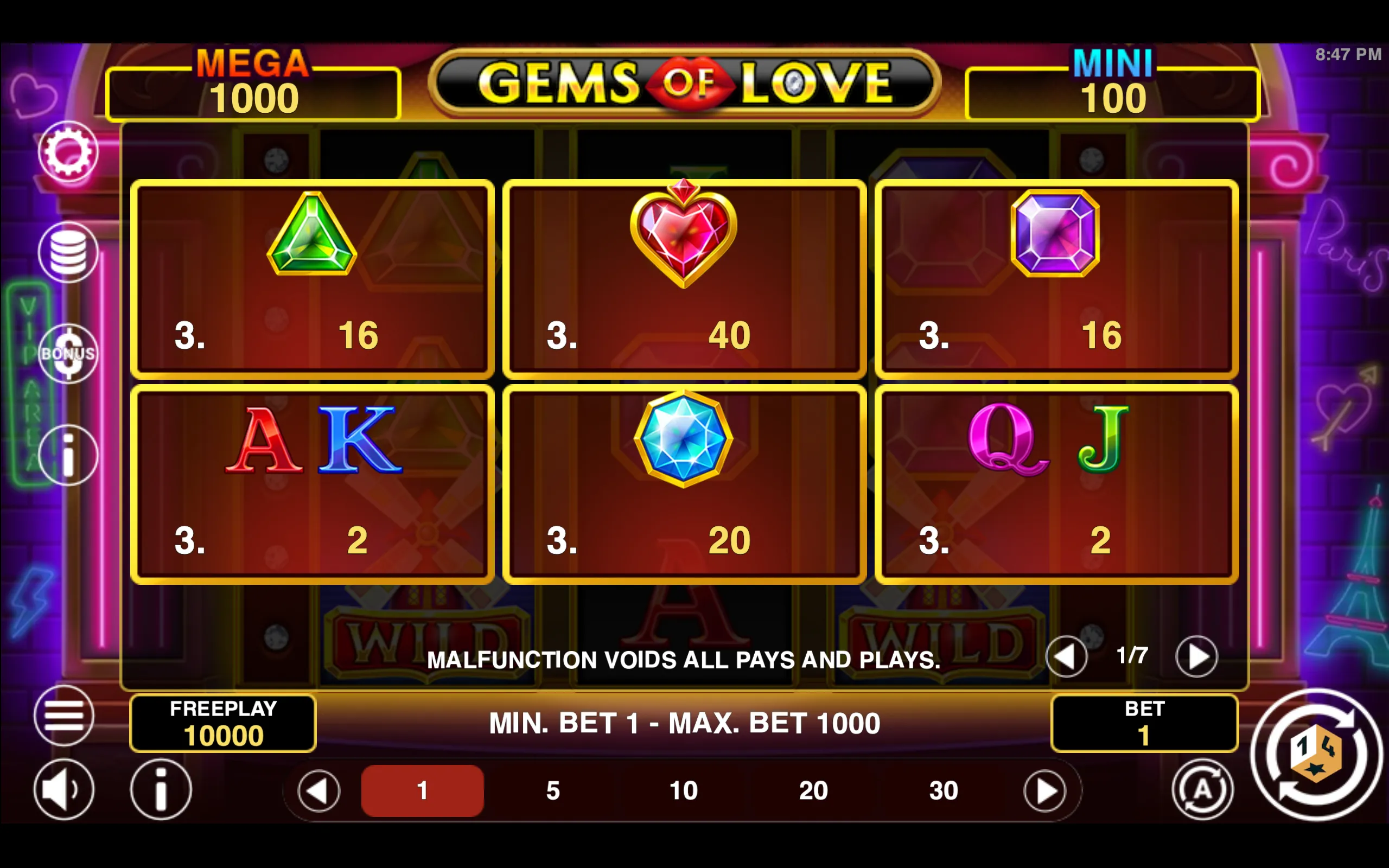 Gems of Love Hold & Win paytable page 1 with symbol payouts