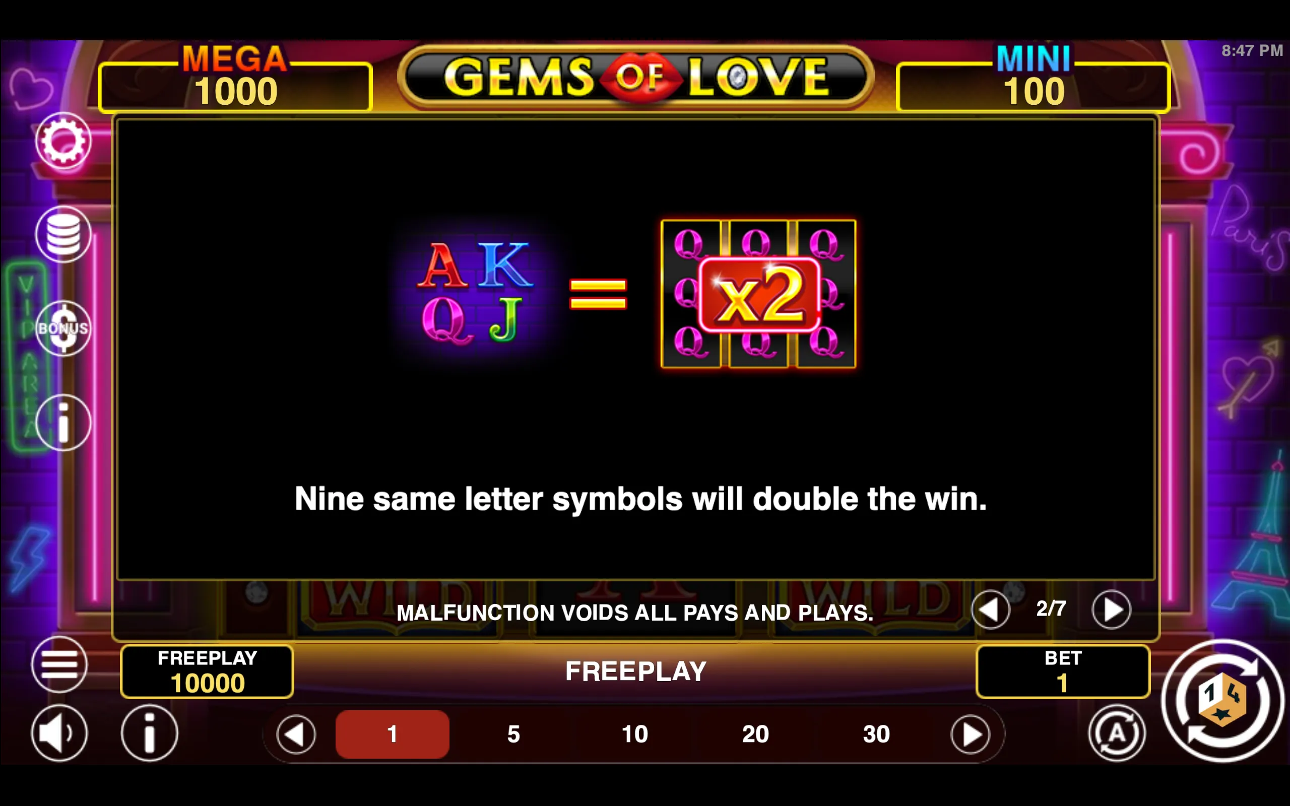 Gems of Love Hold & Win paytable page 2 with symbol payouts