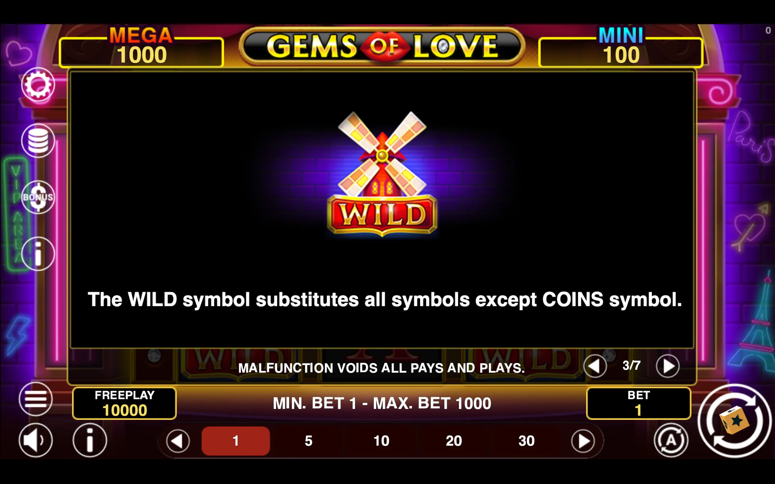 Gems of Love Hold & Win paytable page 3 with symbol payouts