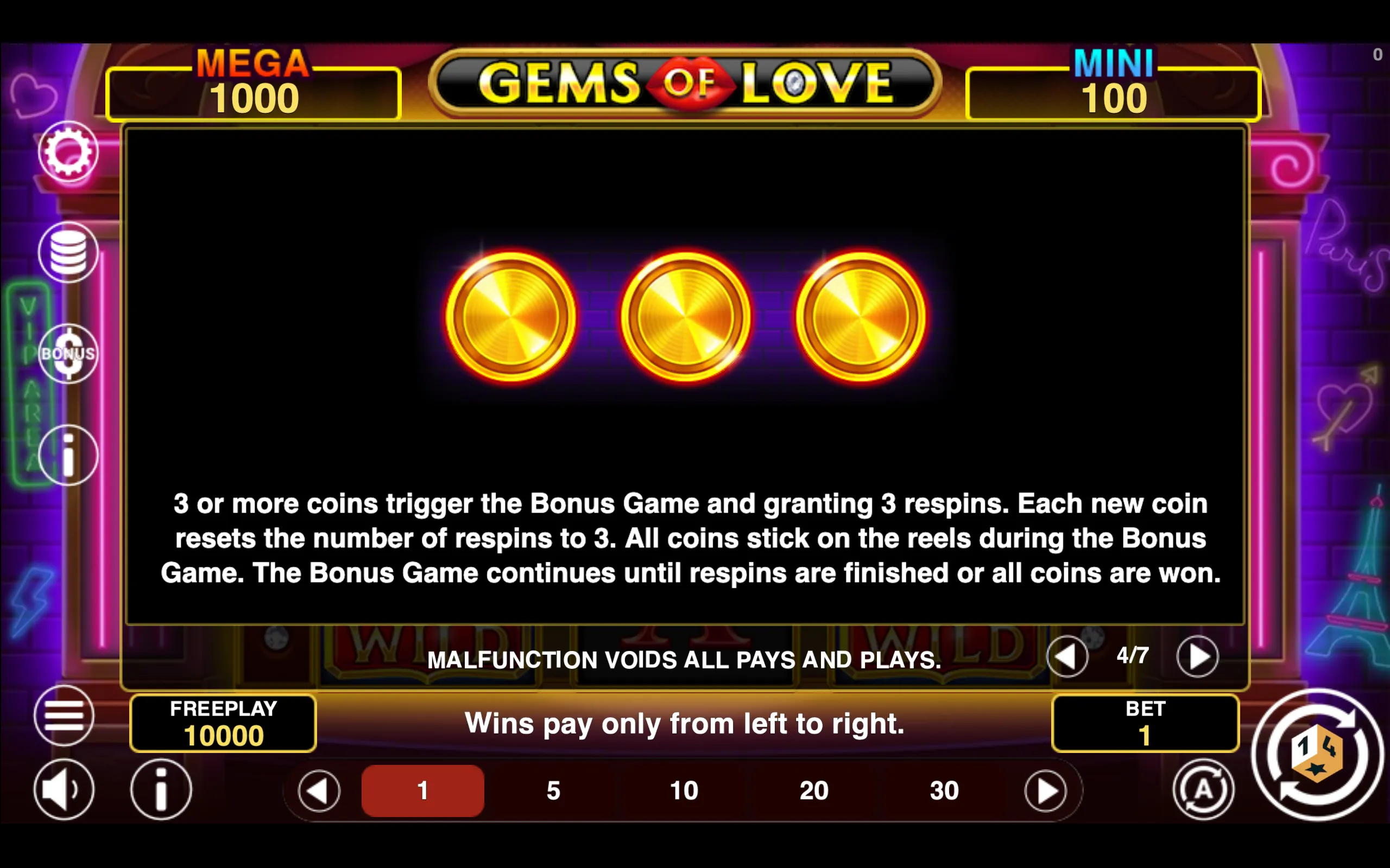 Gems of Love Hold & Win paytable page 4 with symbol payouts