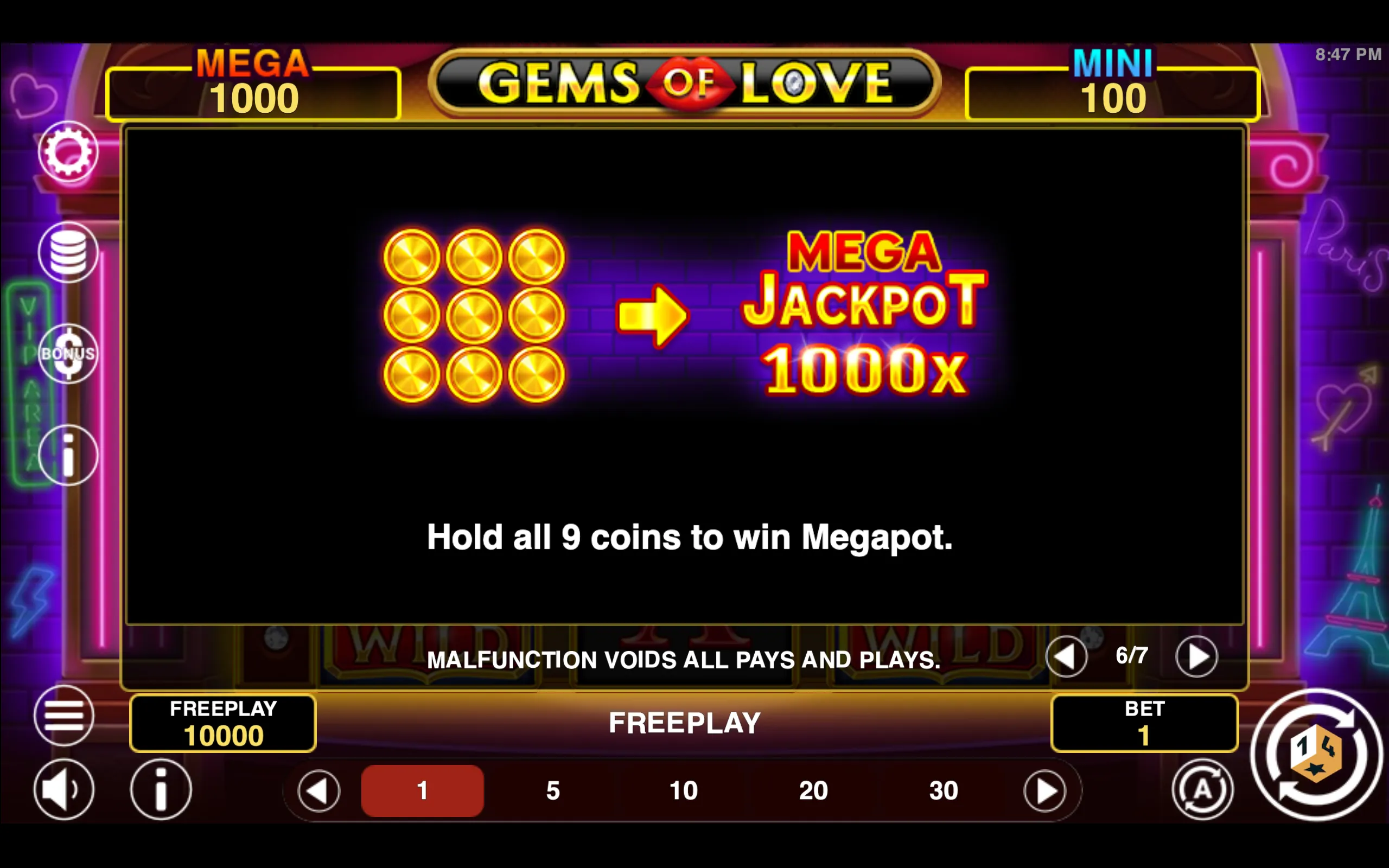 Gems of Love Hold & Win paytable page 6 with symbol payouts