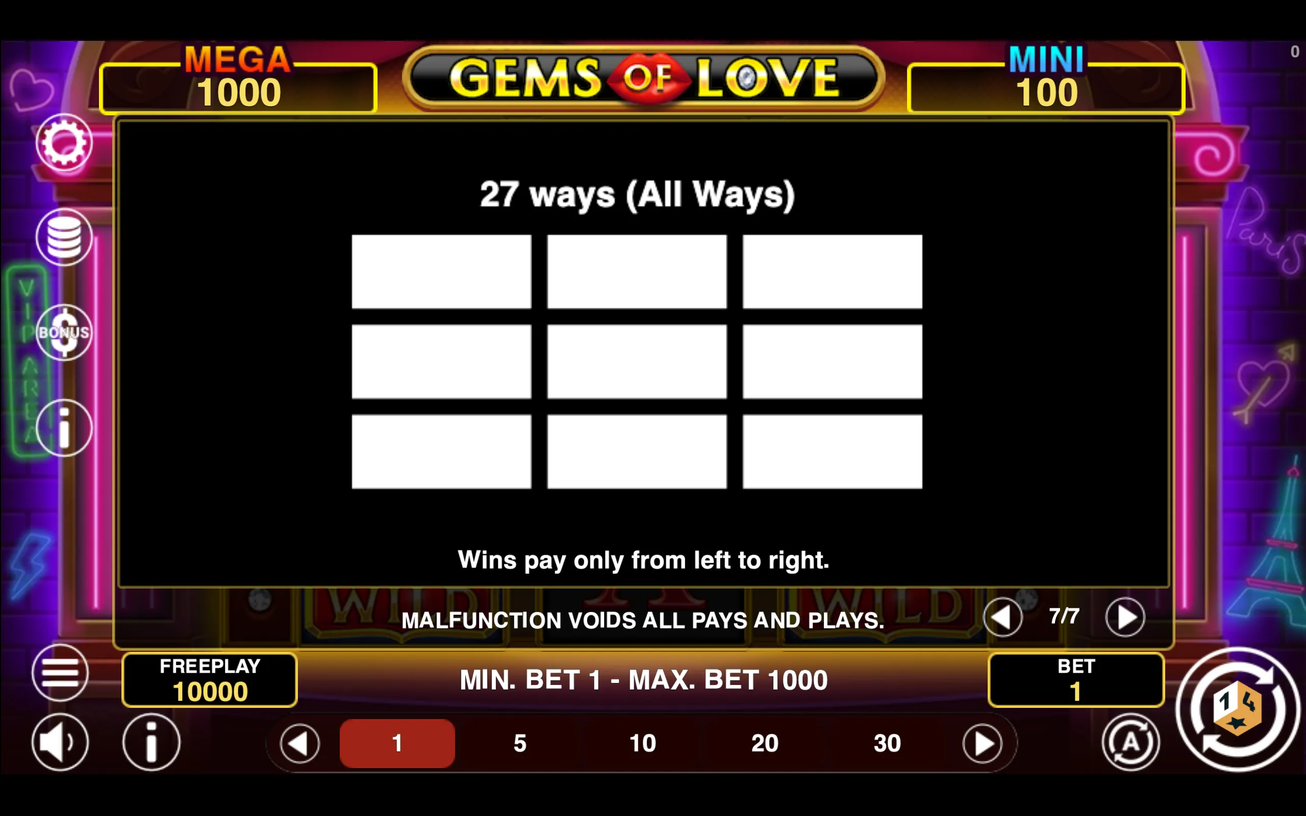 Gems of Love Hold & Win paytable page 7 with symbol payouts