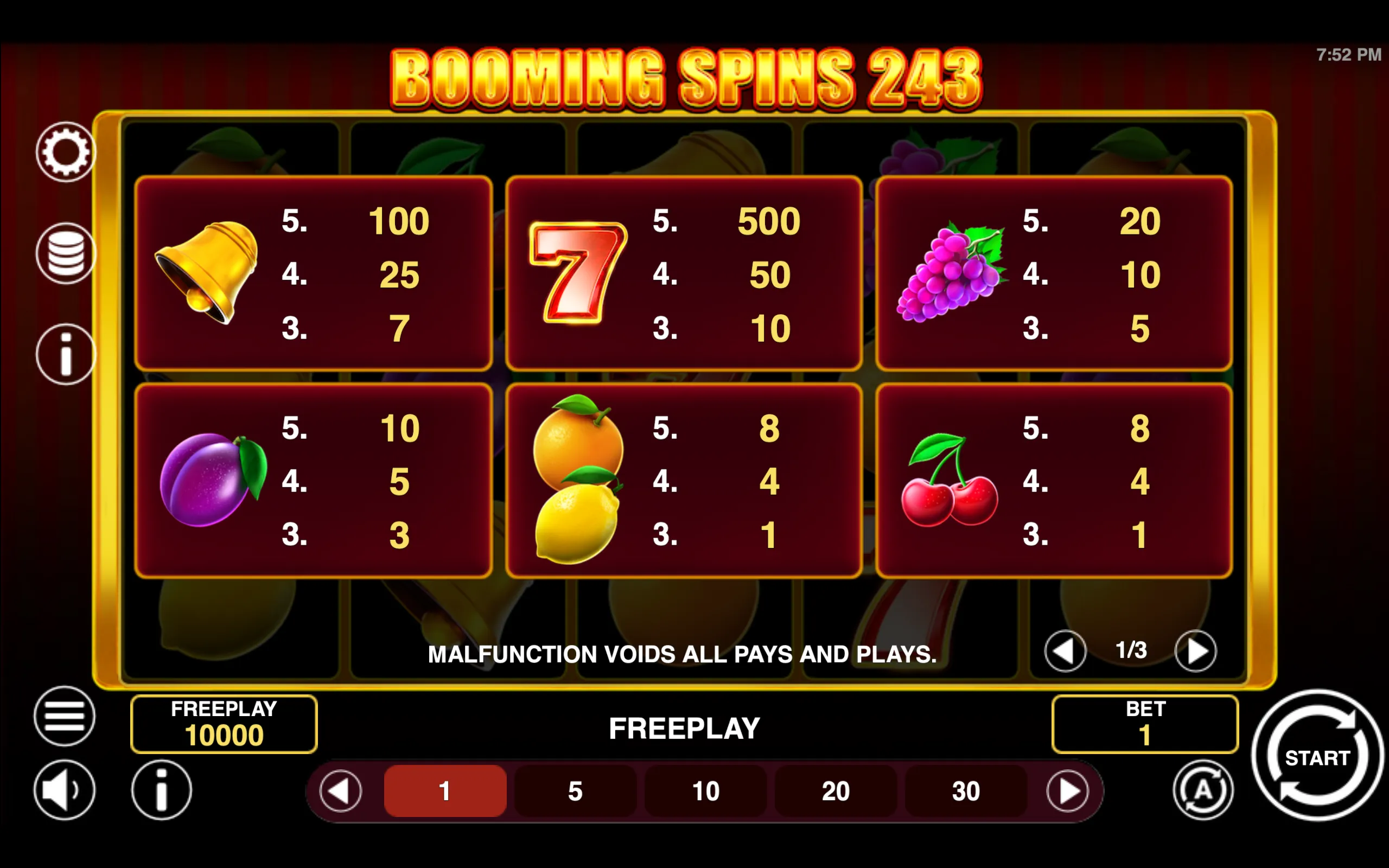 Booming Spins 243 paytable page 1 with symbol payouts