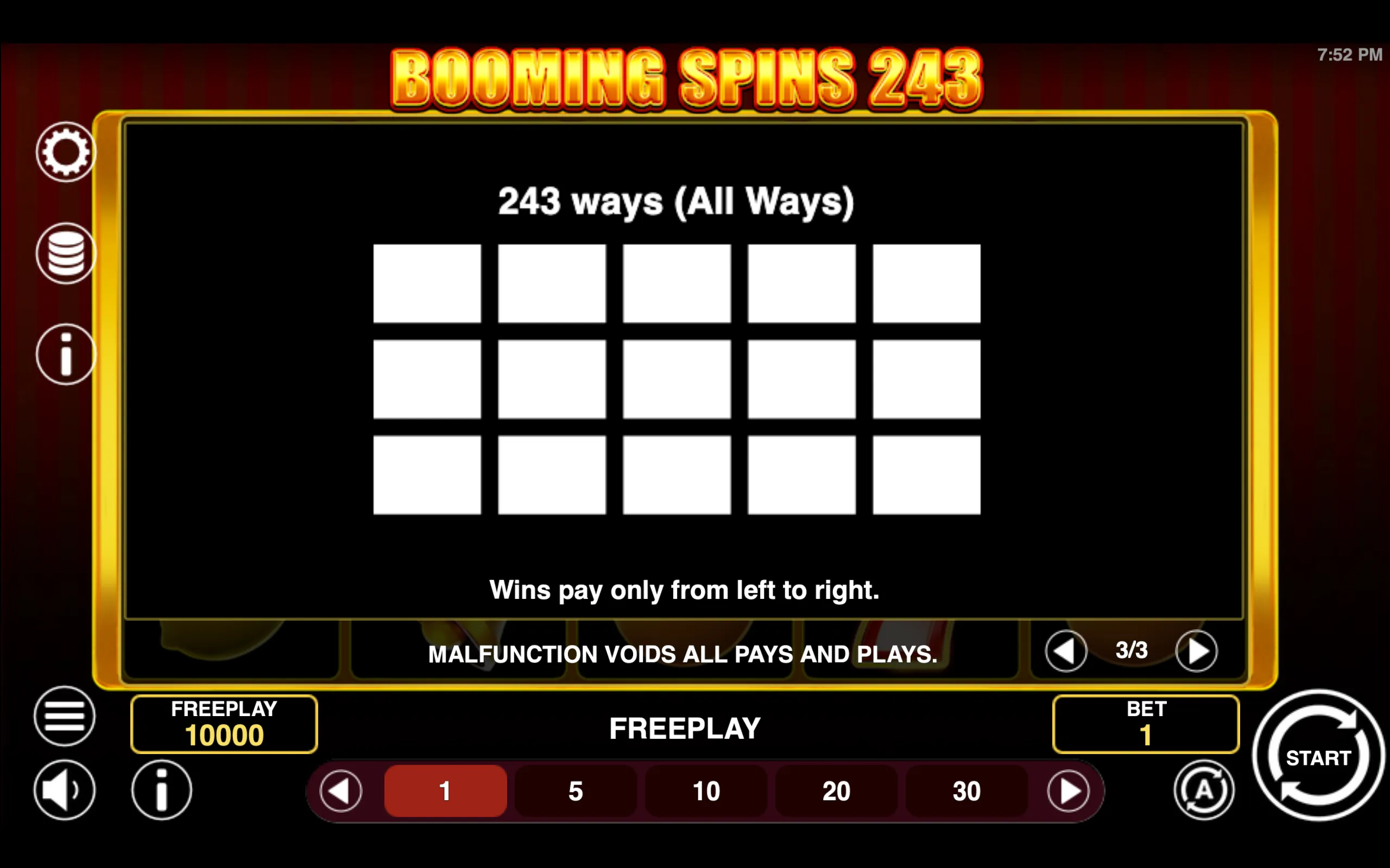Booming Spins 243 paytable page 3 with symbol payouts