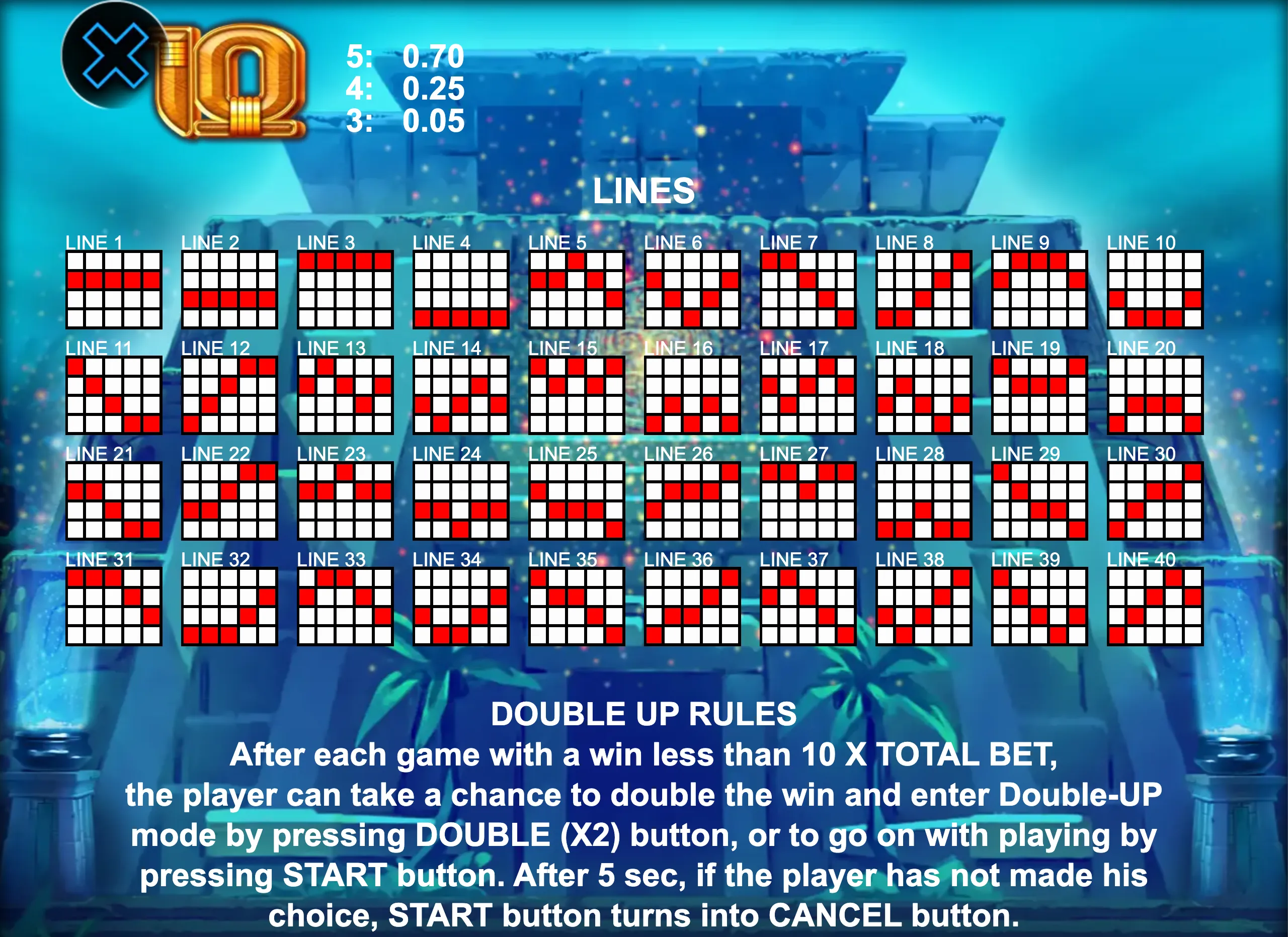 Book of Lost Pyramid slot game preview showing paylines and double-up rules with an ancient pyramid background.