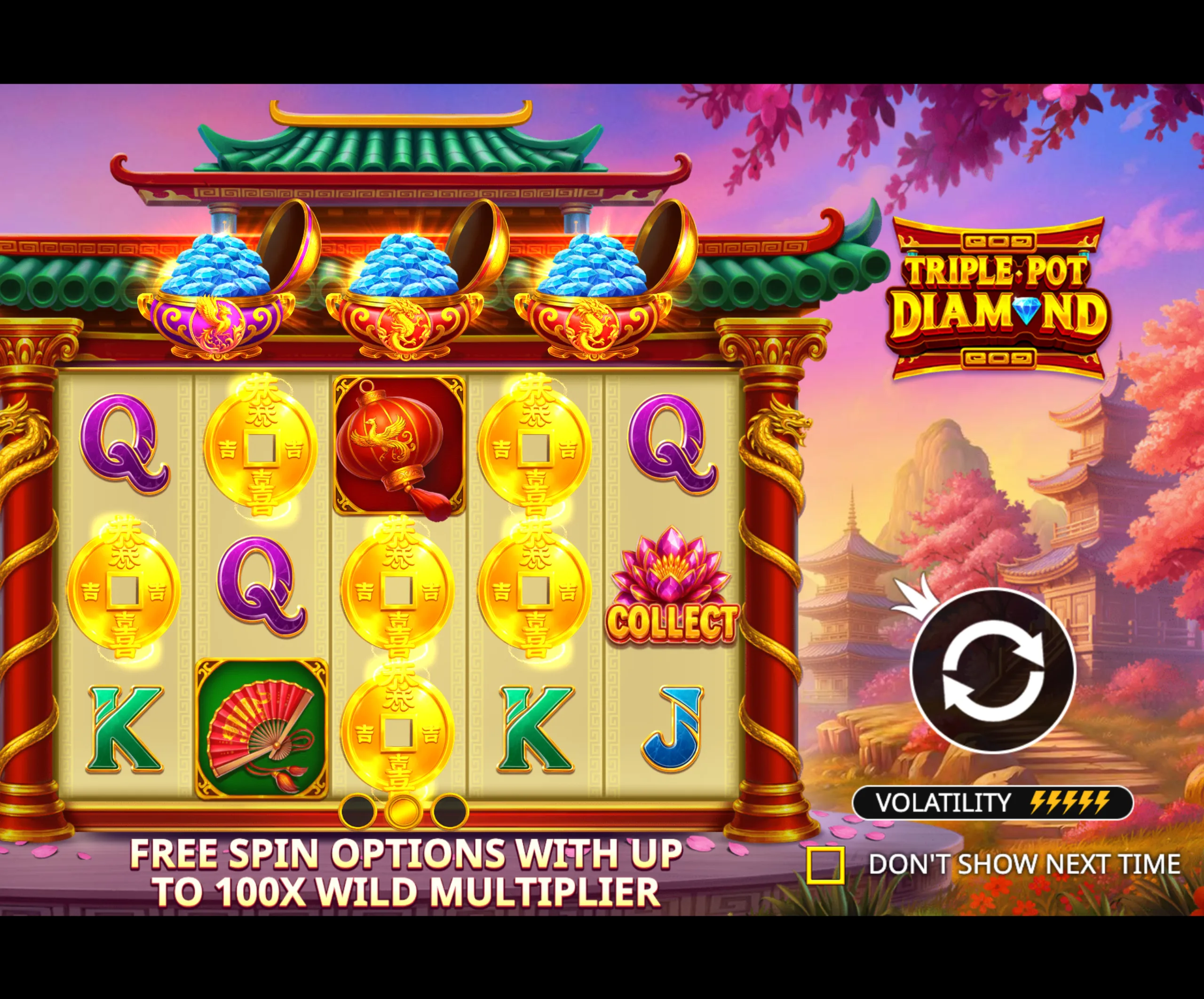Triple Pot Diamond slot game with Asian-inspired symbols, golden coins, and glowing diamond pots set against a colorful temple backdrop.