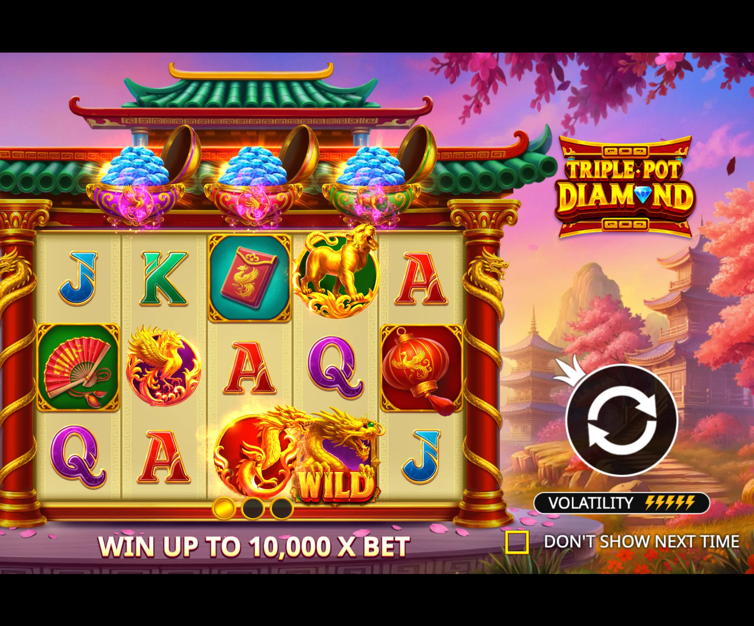 Triple Pot Diamond slot game with Asian-themed symbols including dragons, fans, lanterns, and golden pots filled with diamonds, set against a backdrop of traditional architecture and cherry blossoms.