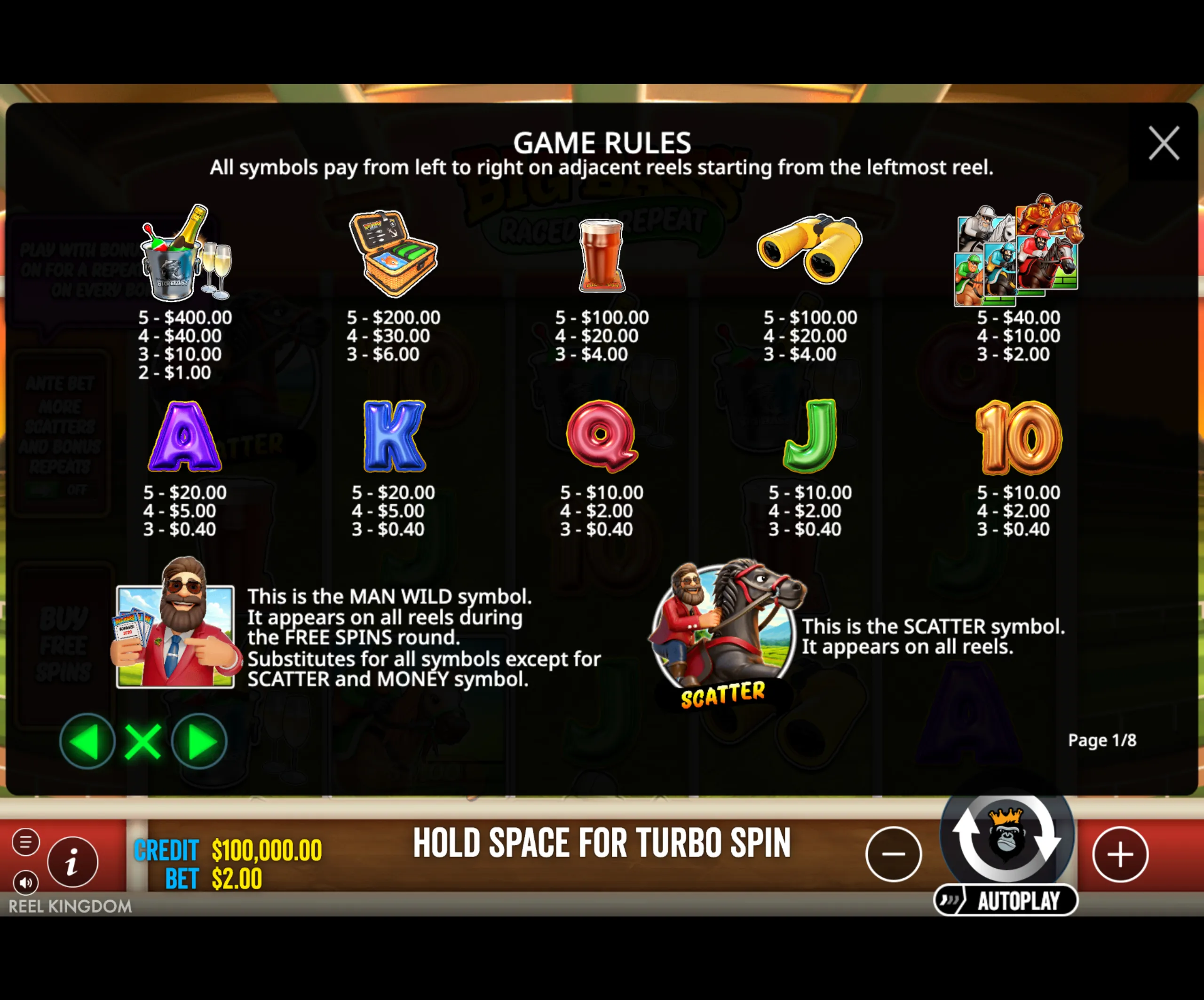 Game rules and symbol payout values for Big Bass Raceday Repeat slot game, showing various symbols like champagne bucket, tackle box, beer, binoculars, jockeys, and card ranks with their respective payouts.