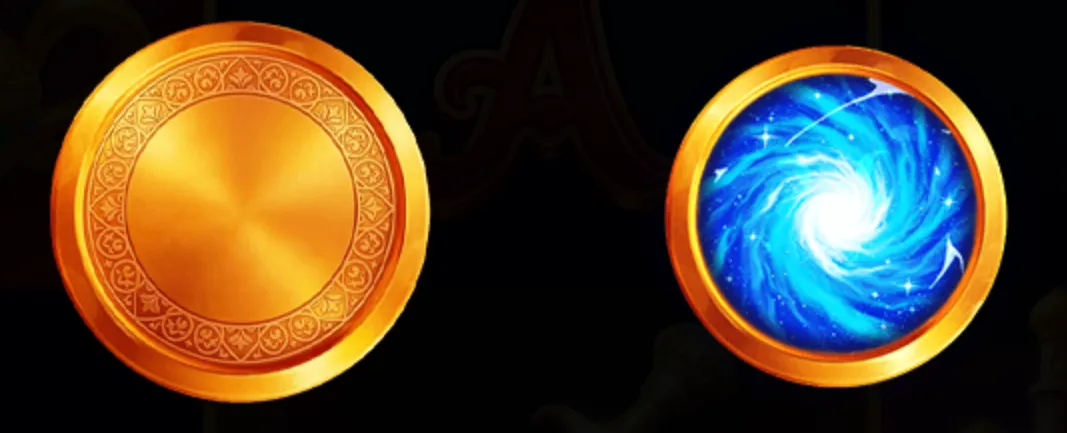 Two golden circular symbols from the Magical Genie slot, one plain gold coin and one with a swirling blue magical vortex inside.
