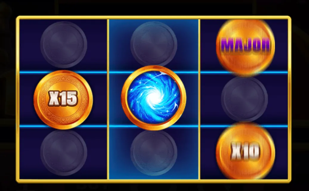 A 3x3 slot grid featuring golden coins with multiplier values and a swirling blue portal symbol, emphasizing magical and jackpot elements.