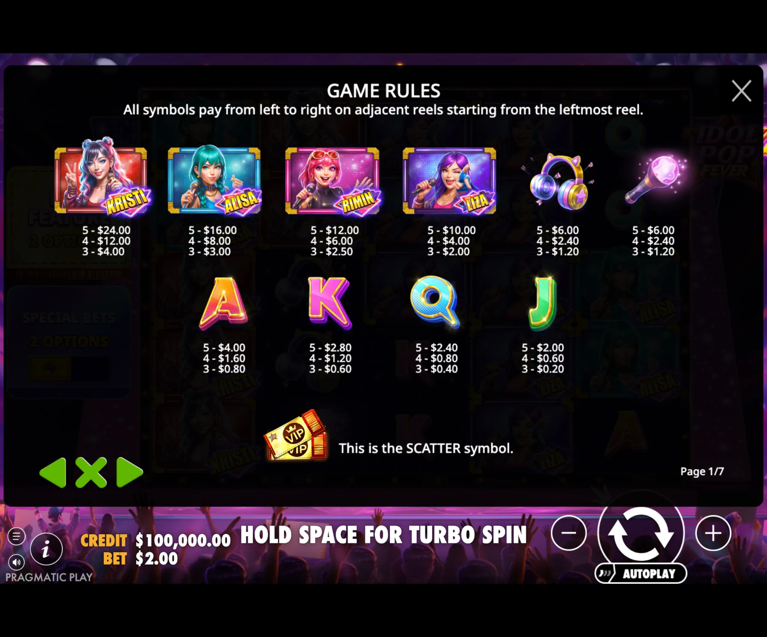 Colorful slot game symbols featuring animated pop idols, headphones, and a microphone with detailed payout values against a dark backdrop.