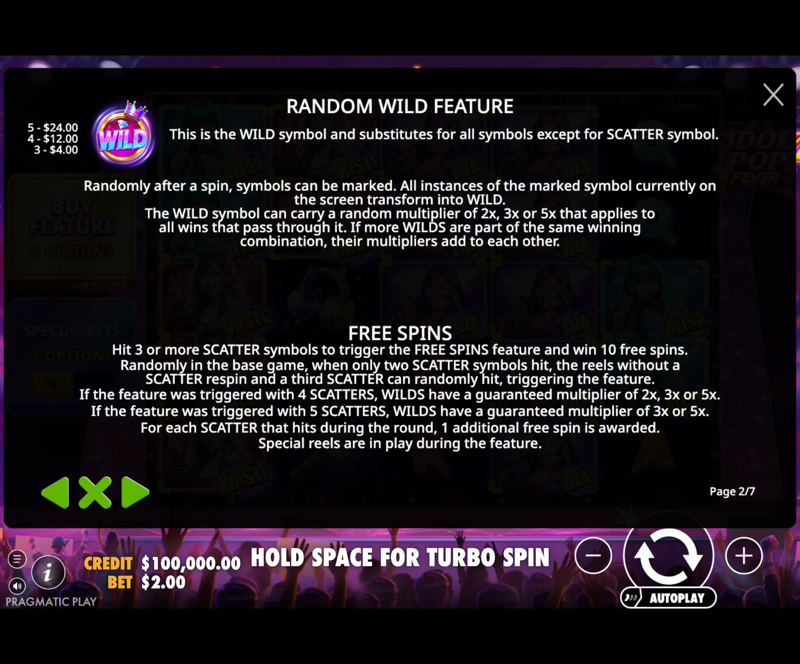 Idol Pop Fever slot game feature screen explaining the random wild symbol with multipliers and the free spins triggered by scatter symbols.
