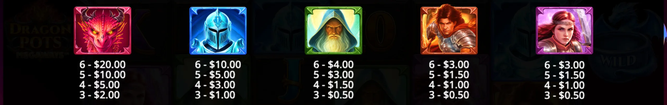 Fantasy-themed slot symbols featuring a red dragon, armored knight, wizard, and warriors with corresponding payout values for combinations of 3 to 6 symbols.