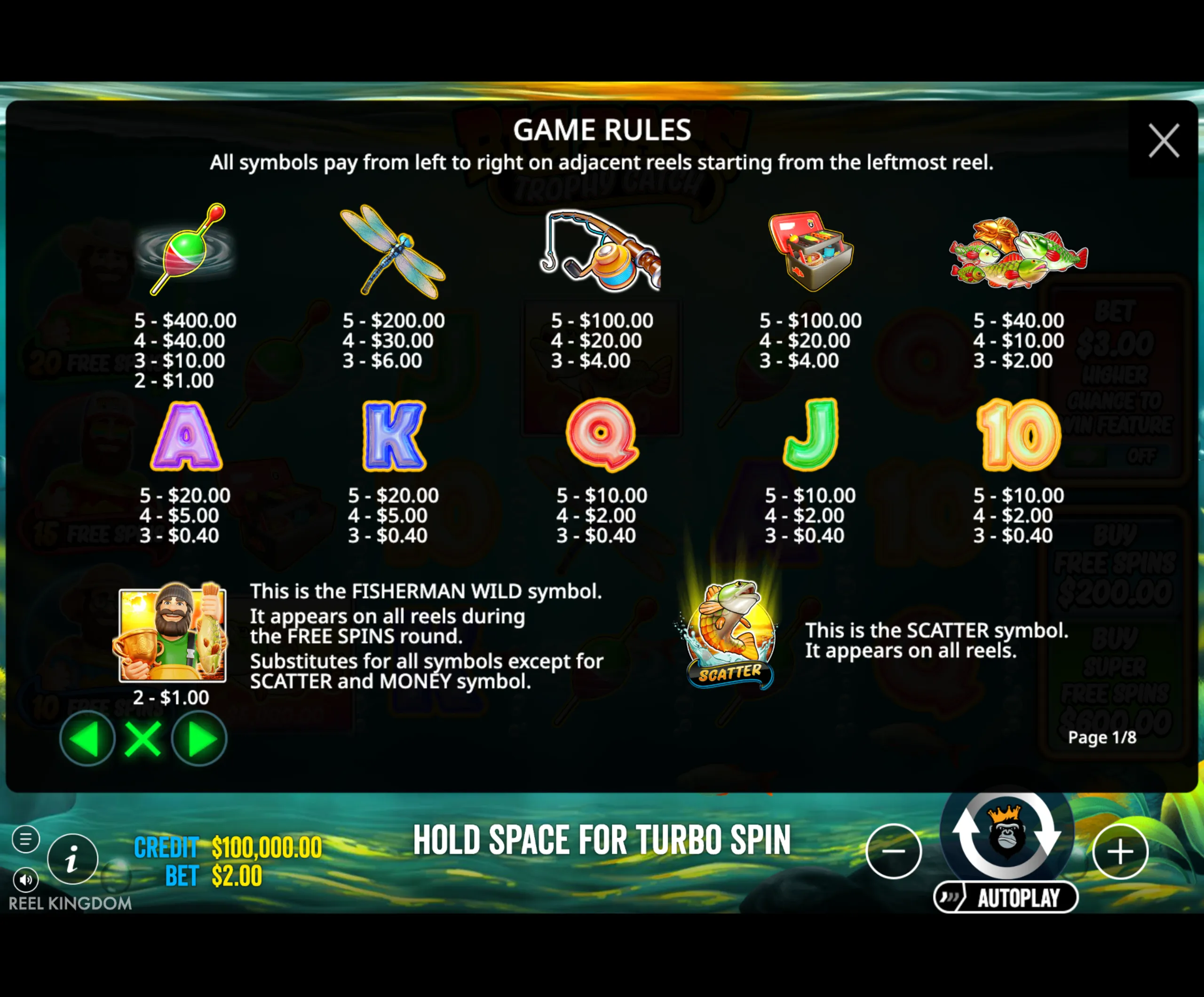 Big Bass Trophy Catch slot game payout table showing fishing-themed symbols with corresponding payout values and special wild and scatter symbols.
