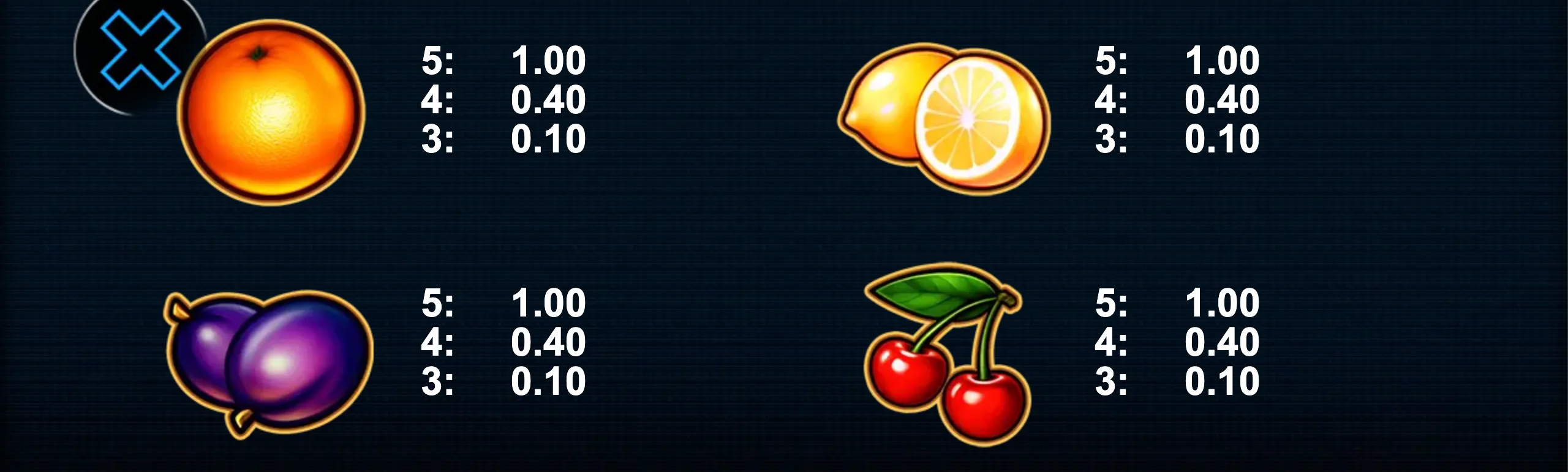 Classic fruit symbols including orange, lemon, plum, and cherry with payout values on a dark background