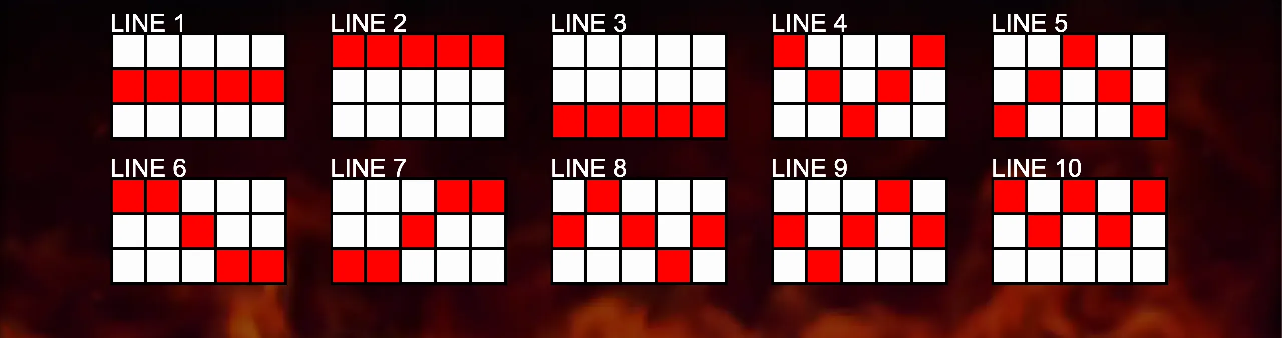 10 Treasures slot game paylines preview showing 10 distinct winning line patterns highlighted in red.