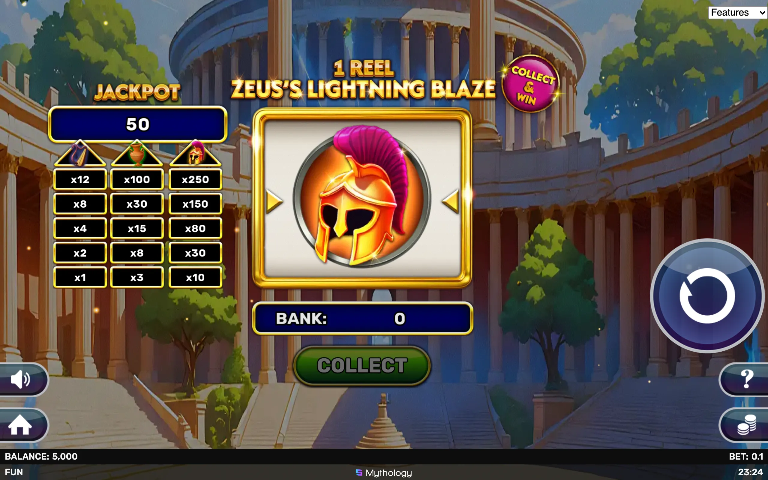 1 Reel - Zeus's Lightning Blaze symbol payouts on the game board
