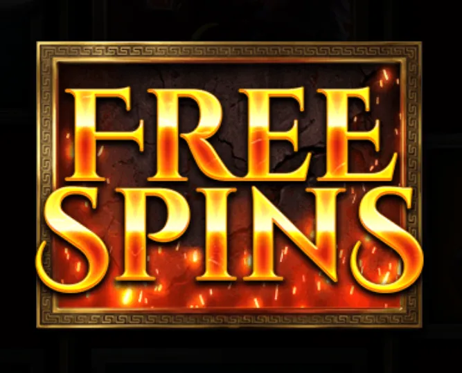 Golden fiery text reading 'FREE SPINS' with a glowing ember background framed in an ancient Greek-style border