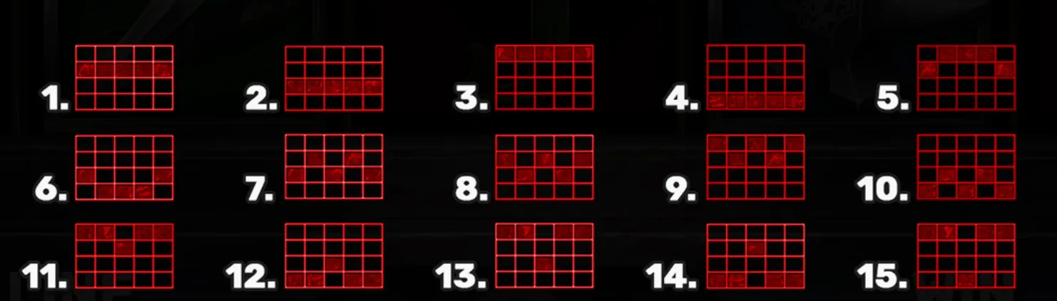 Grid layout showing 15 distinct paylines in the Wrath of Hephaestus slot game, each marked with red lines on a dark background.