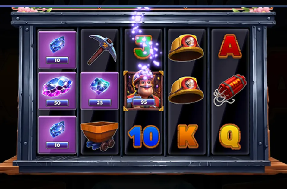 Slot game reels featuring mining-themed symbols such as gems, pickaxe, miner character, helmets, and dynamite with colorful numbers and letters.
