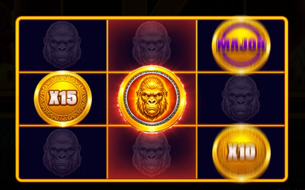 A 3x3 slot grid featuring glowing golden gorilla symbols, multiplier coins, and a major jackpot coin, highlighting potential big payouts.