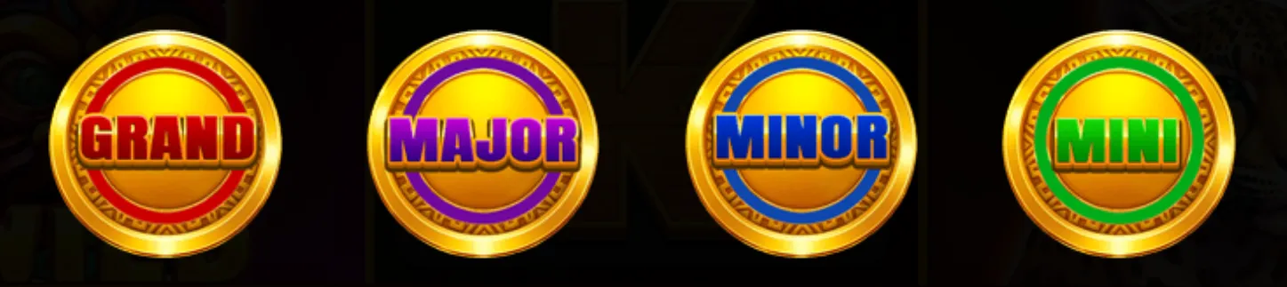 Four golden coins labeled Grand, Major, Minor, and Mini jackpots in vibrant colors representing different prize levels.