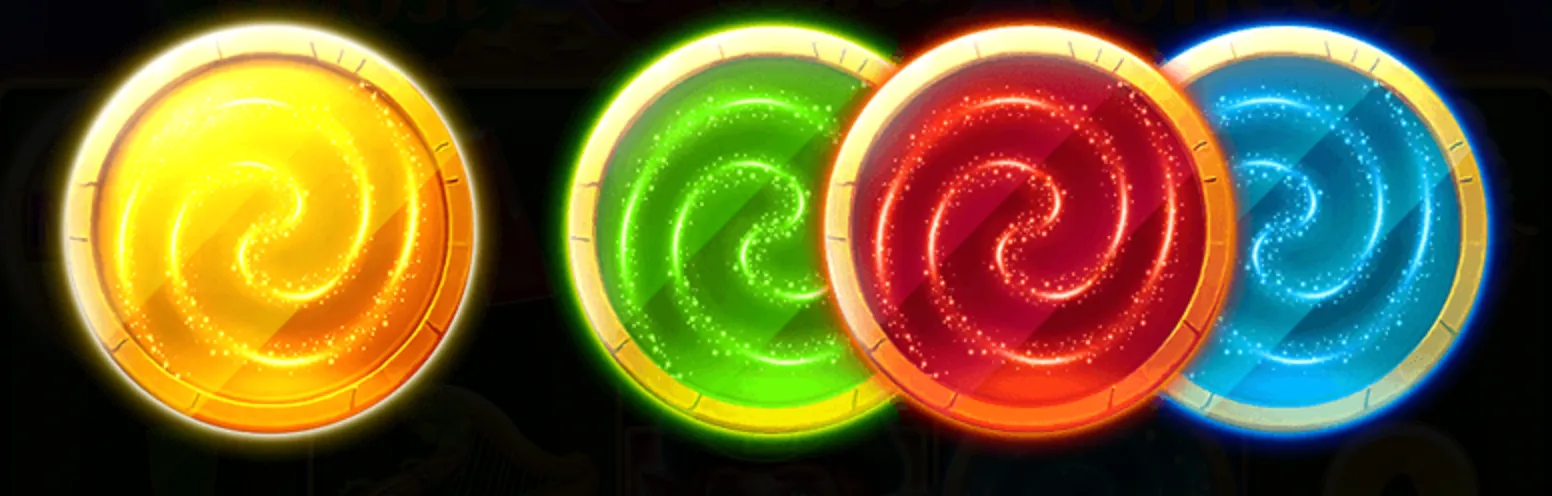 Four glowing coins in yellow, green, red, and blue with swirling magical patterns, symbolizing mystical treasures.