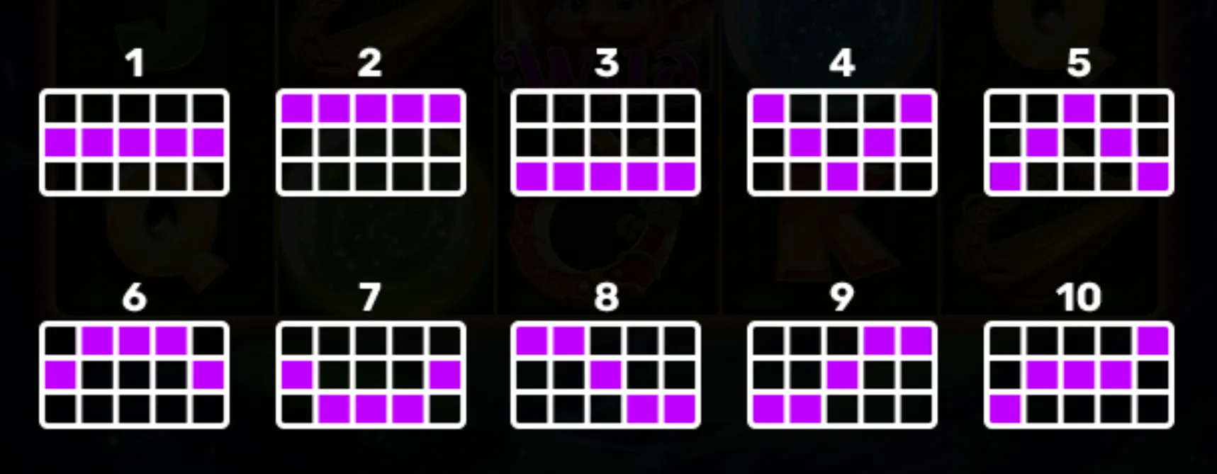 Diagram of 10 paylines for the slot game 3 Irish Treasures, showing the specific patterns players can win on with highlighted squares.